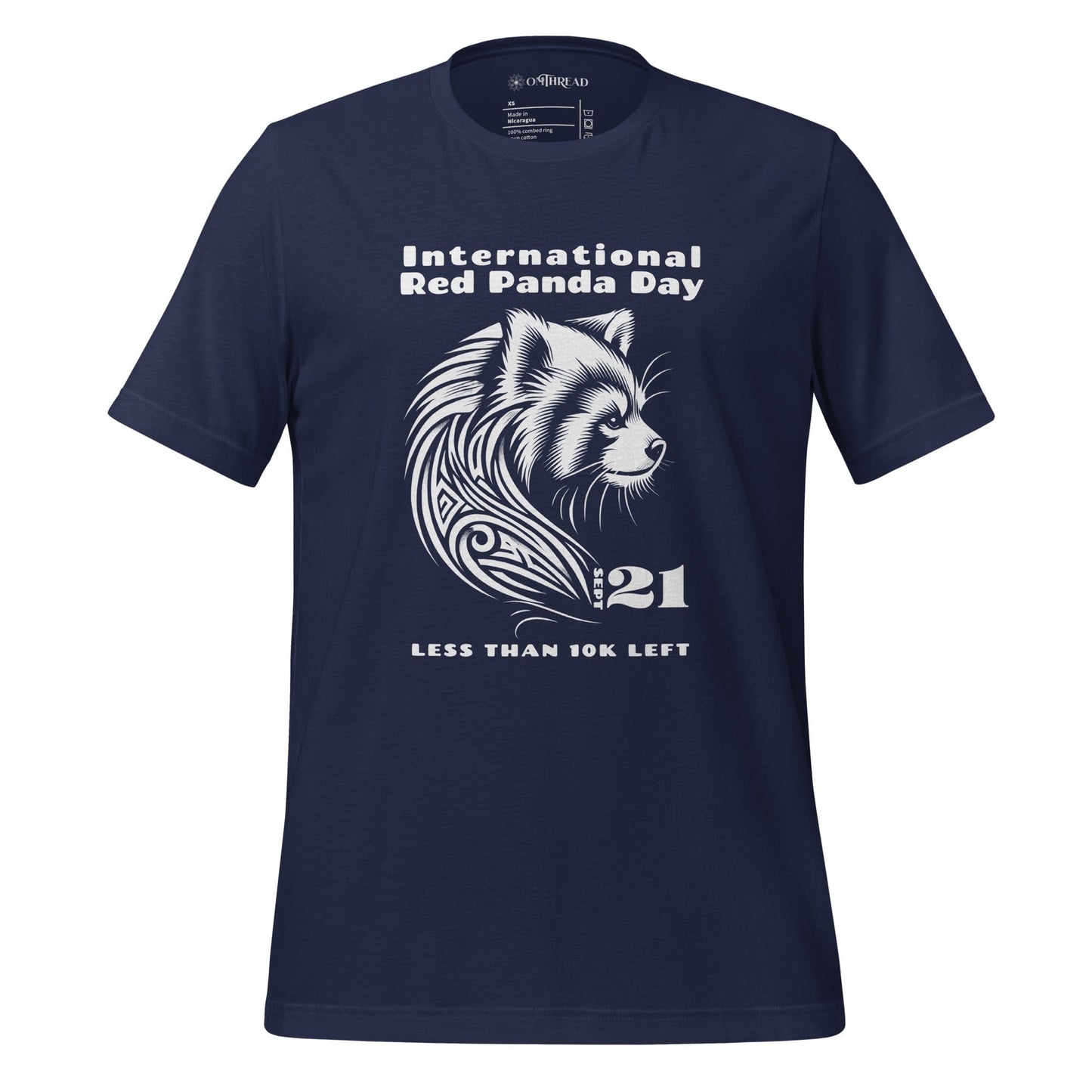 OMThread navy t-shirt featuring a white tribal-style illustration of a red panda with the text "International Red Panda Day 21 Less Than 10K Left"