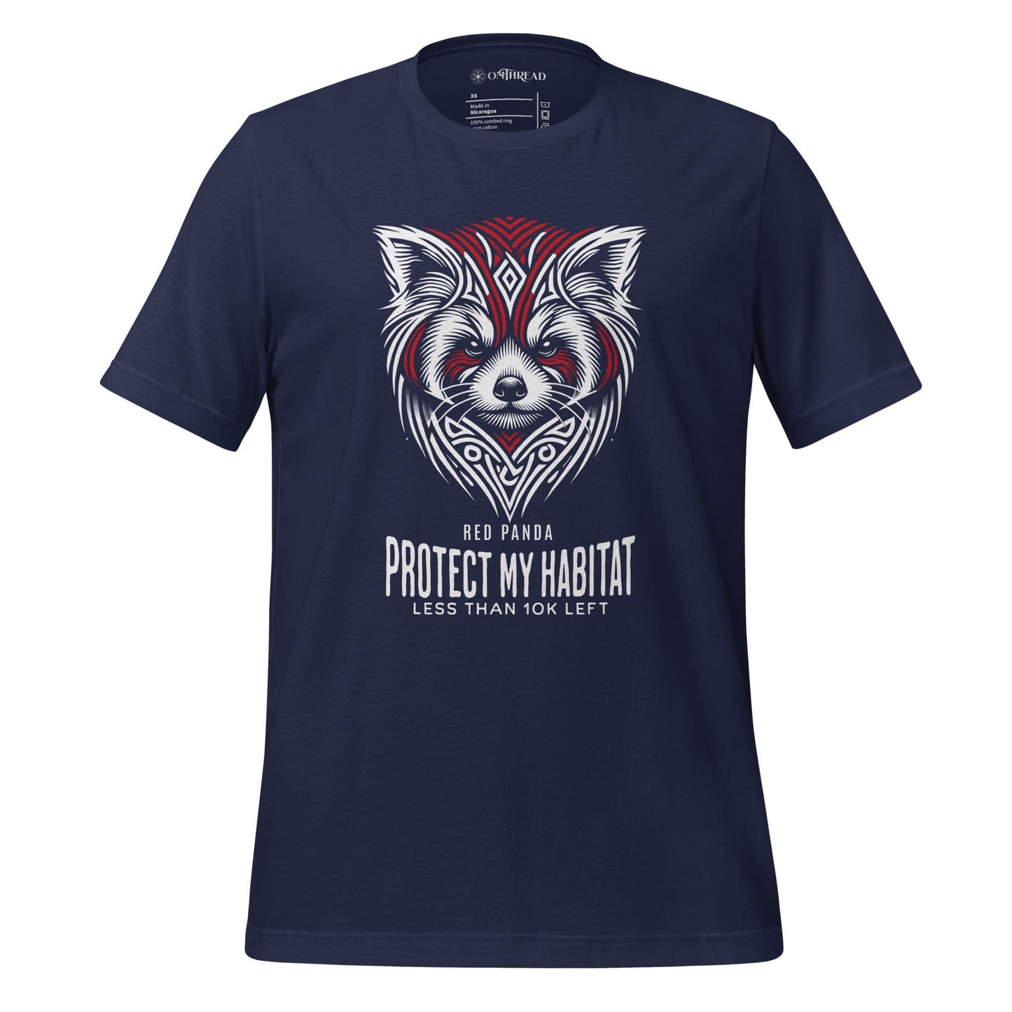 OMThread navy blue t-shirt with a red panda tribal-style design and the text "Protect My Habitat Less Than 10K Left" in white and red.