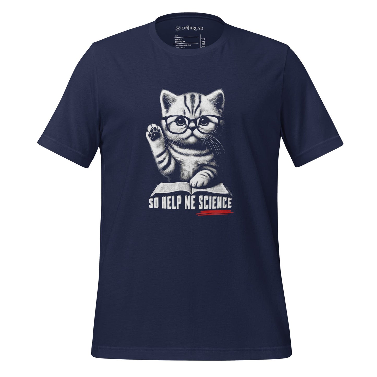 OMTHREAD So Help Me Science navy T-shirt featuring a kitten wearing glasses, raising its paw over an open book with the phrase "So Help Me Science" below