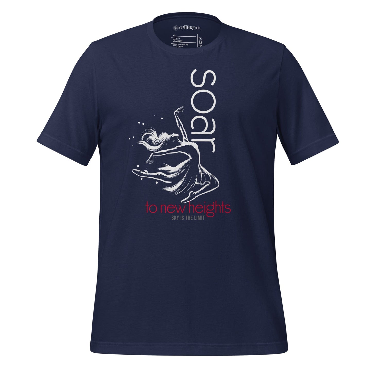 OMTHREAD navy t-shirt featuring a white ballet dancer illustration with "Soar to New Heights" in white and red text.