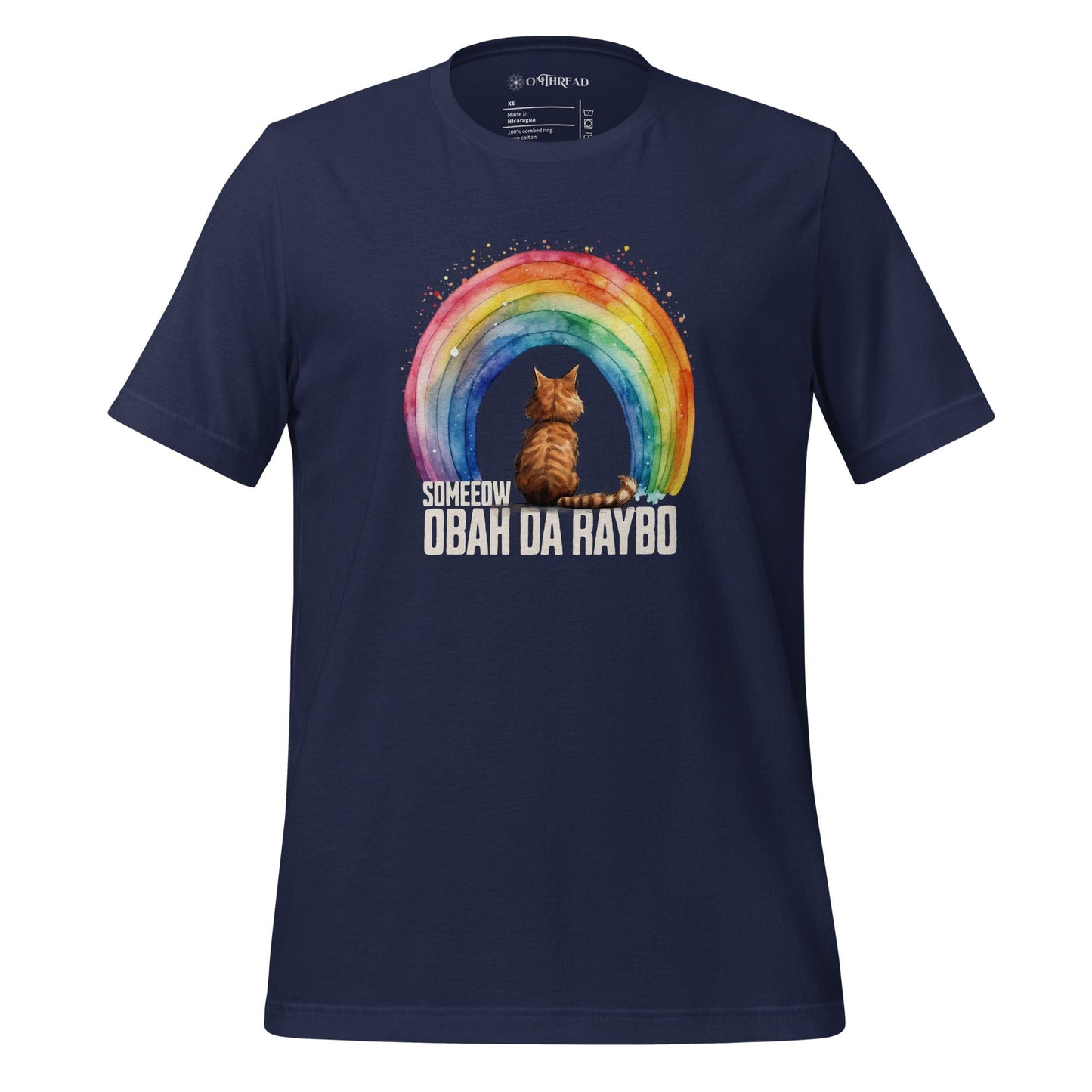 OMTHREAD Someeow Obah Da Raybo navy T-shirt featuring a watercolor-style rainbow with a cat sitting in front, text below reading "Someeow Obah Da Raybo.