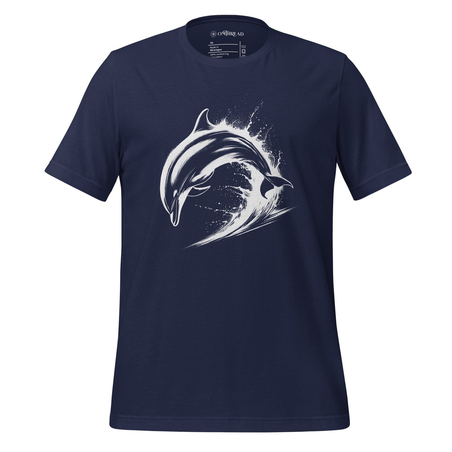 OMTHREAD navy blue t-shirt featuring a white dolphin mid-leap over ocean waves, designed in a bold, high-contrast style.