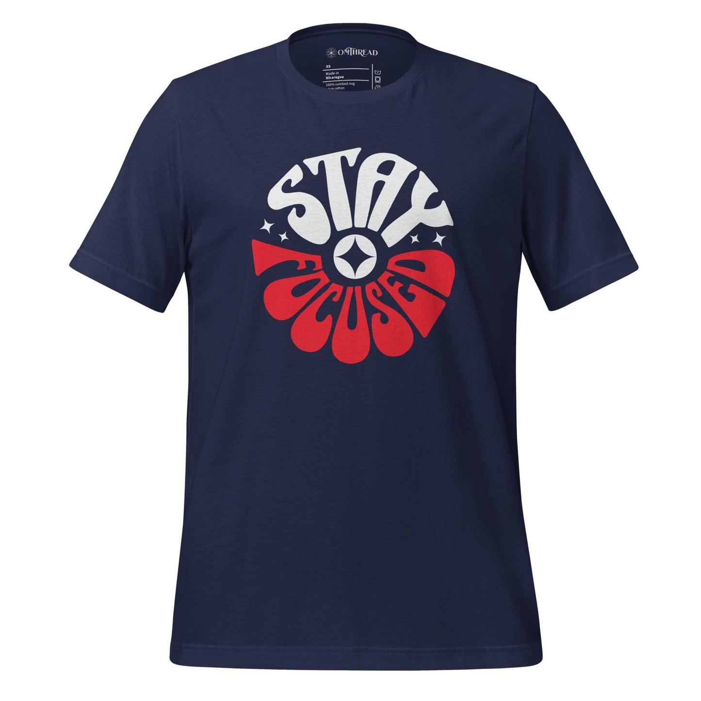 OMTHREAD Navy t-shirt Stay Focused Inspiring Achiever Tee for Go-Getters: The design features bold and dynamic typography with the words "STAY FOCUSED" prominently displayed in large, stylized letters. The word "STAY" is in white, while "FOCUSED" is in red, with a circular symbol in the center.