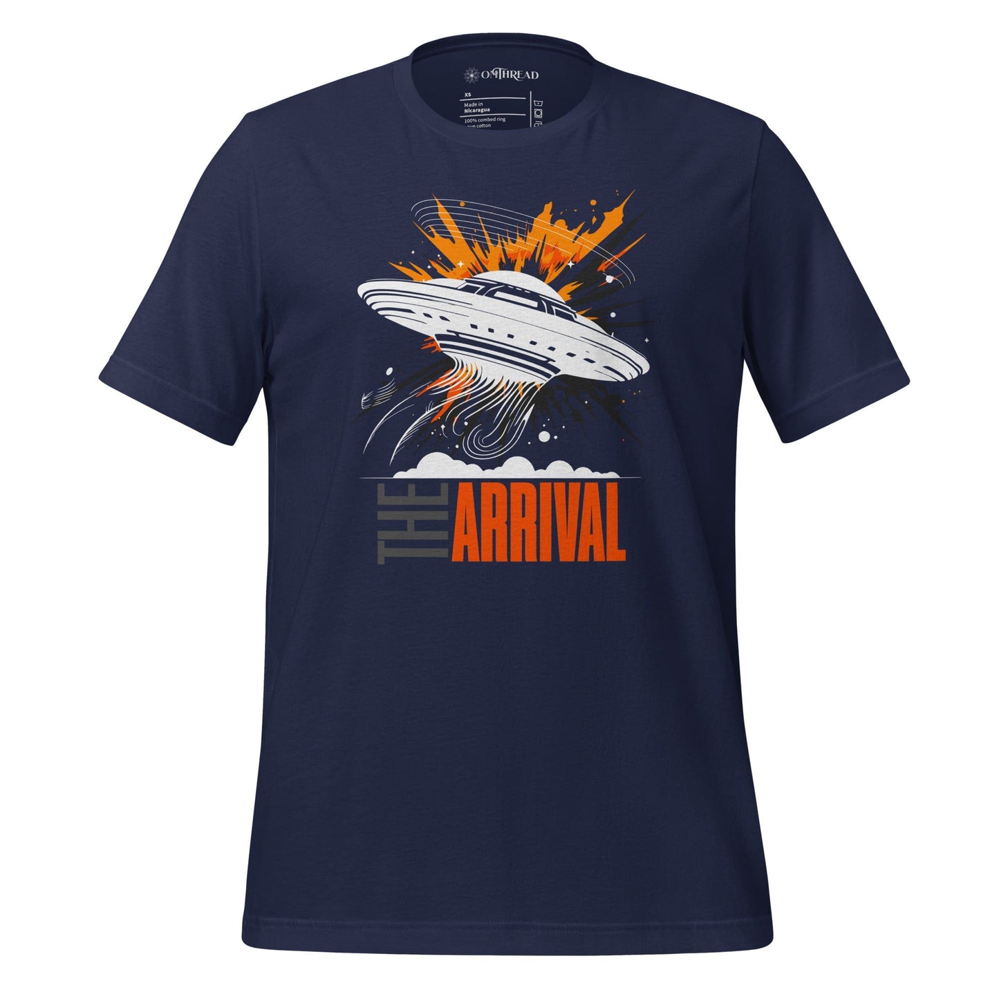Navy blue t-shirt showcasing a bold design of a UFO emitting glowing beams, surrounded by explosive orange accents, clouds, and dynamic motion lines, with the text, THE ARRIVAL in contrasting gray and orange, blending sci-fi and graphic art.