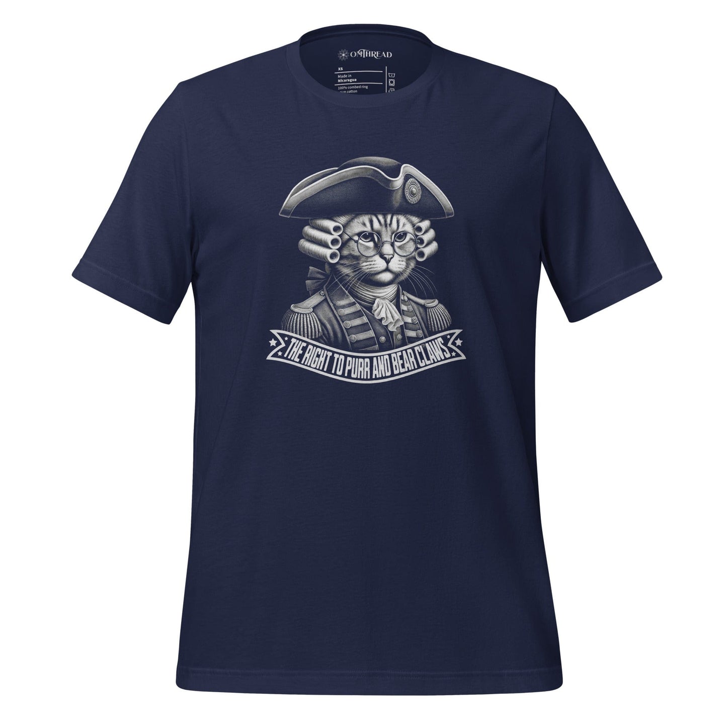 OMThread navy t-shirt featuring a cat in 18th-century revolutionary attire, complete with a tricorn hat, powdered wig, and glasses. The design includes a bold banner reading 'The Right to Purr and Bear Claws' in stylized lettering.