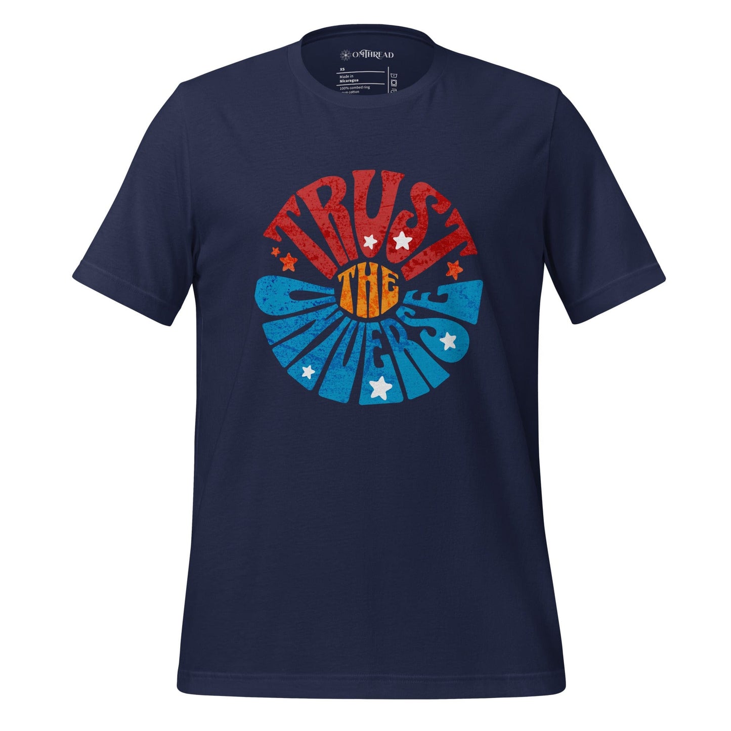 OMTHREAD Trust the Universe Motivational Navy Tee with vintage-style text and stars