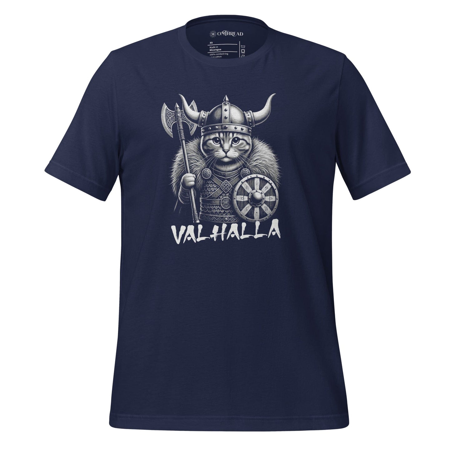 Navy t-shirt featuring a Viking cat warrior wearing a horned helmet, fur cloak, and armor, holding an axe and shield. The word 'VALHALLA' is displayed below.