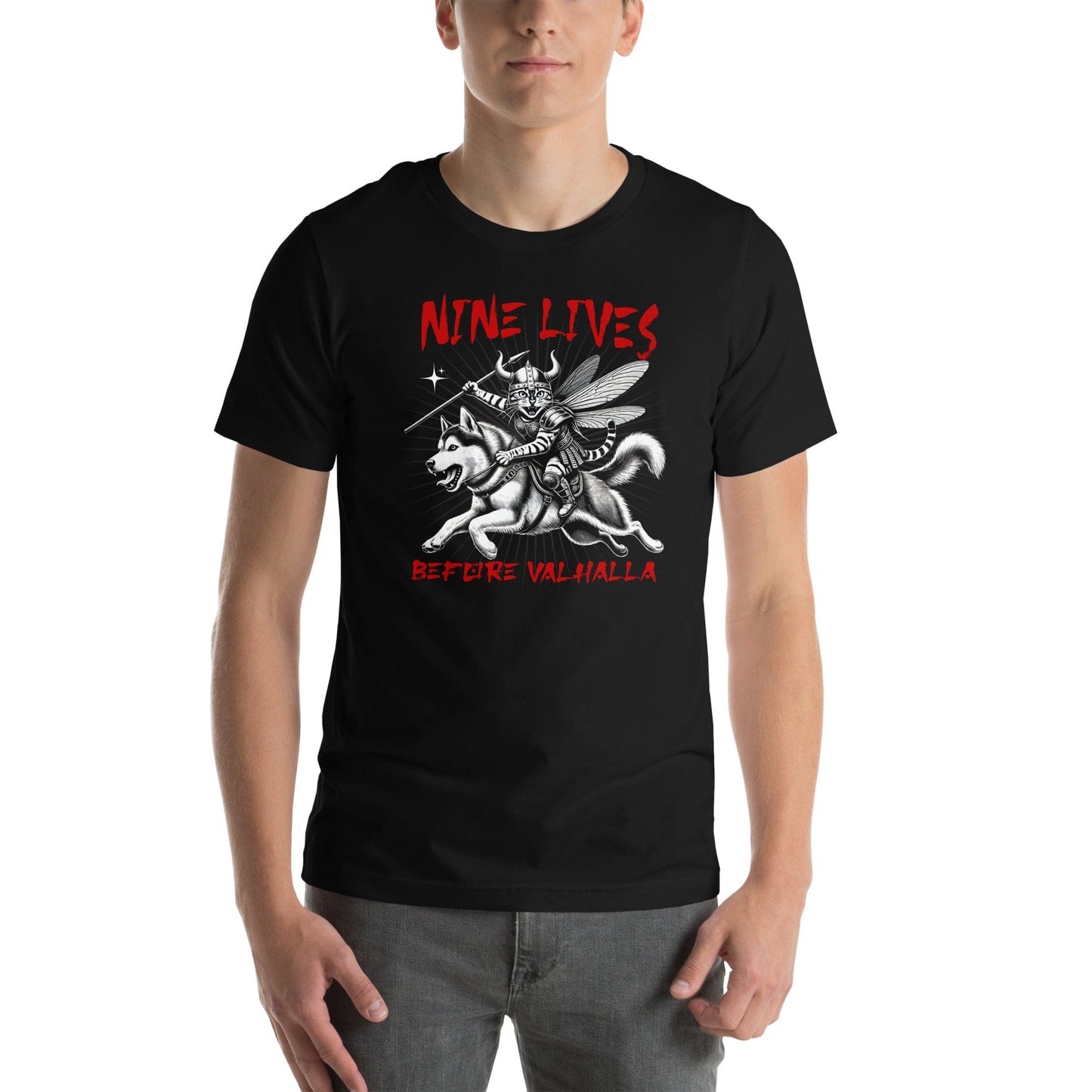 OMTHREAD Nine Lives Before Valhalla Black T-Shirt featuring a Viking cat warrior riding a husky, inspired by Norse mythology. Black tee with bold red text and dynamic artwork.