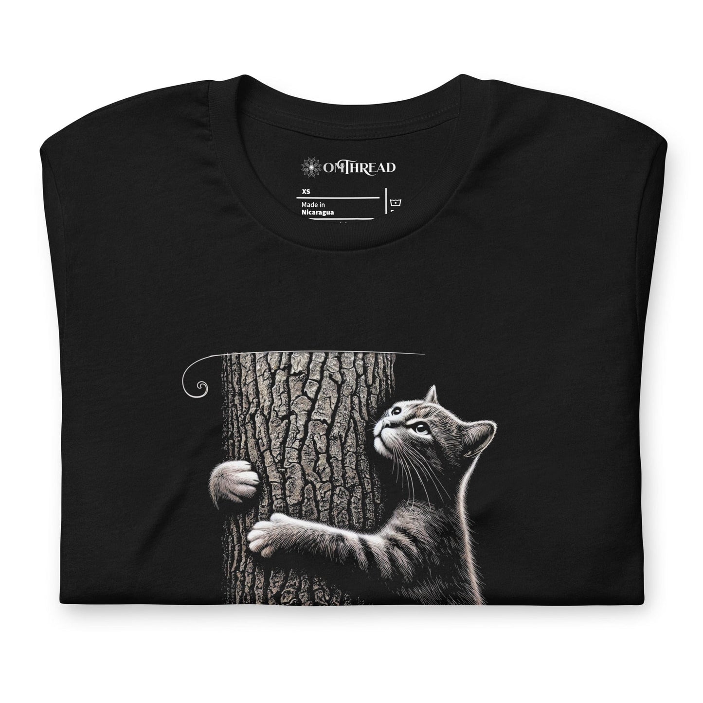 Black t-shirt featuring a cat hugging a tree with the text 'No Forest. No Future.' below. A climate change awareness tee for conservationists and animal lovers.