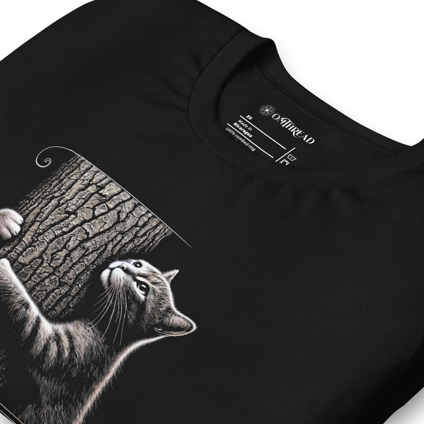 Black t-shirt featuring a cat hugging a tree with the text 'No Forest. No Future.' below. A climate change awareness tee for conservationists and animal lovers.
