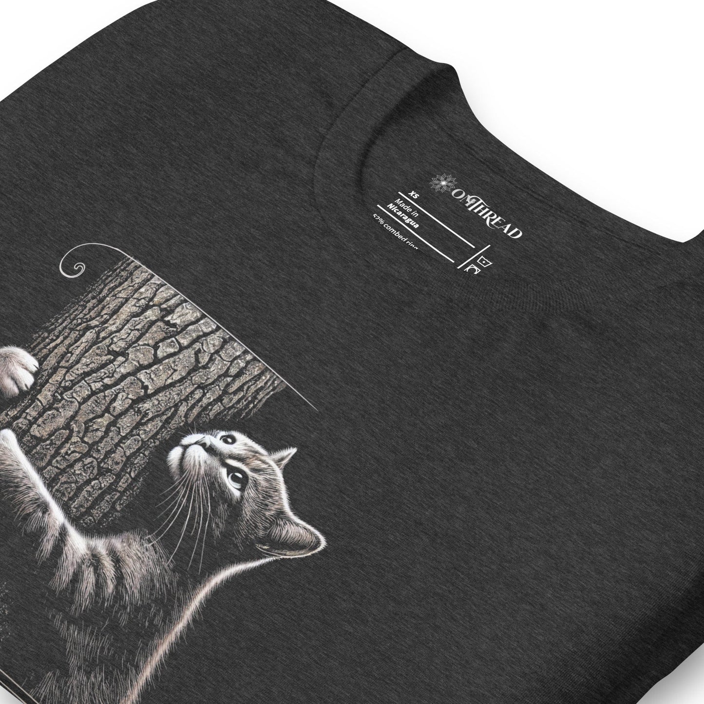 dark gray t-shirt featuring a cat hugging a tree with the text 'No Forest. No Future.' below. A climate change awareness tee for conservationists and animal lovers.
