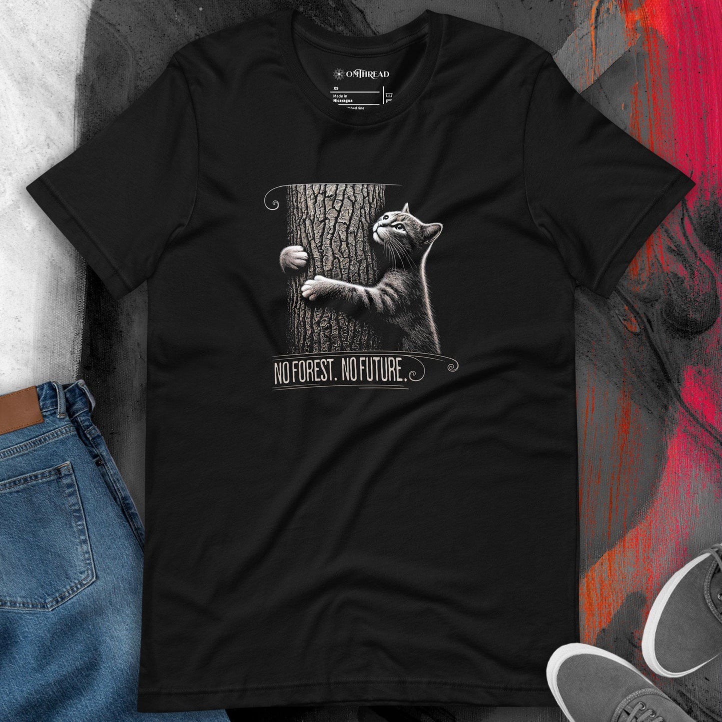 OMTHREAD No Forest No Future Cat T-Shirt. Black eco-friendly tee with a cat hugging a tree, symbolizing forest conservation and climate awareness. Ideal for nature lovers.