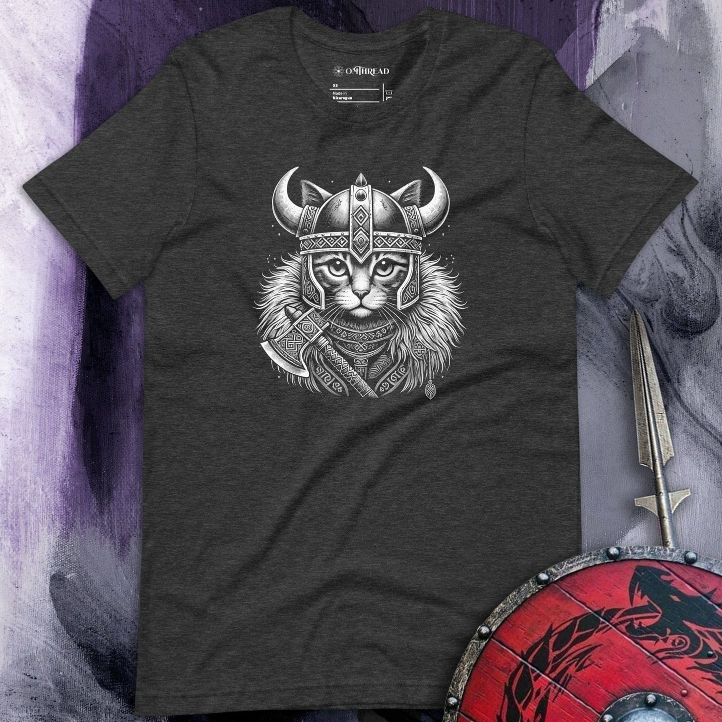OMTHREAD Norse Viking Cat dark gray T-shirt featuring a fierce feline in Viking armor with a detailed helmet and axe, styled with intricate Nordic patterns