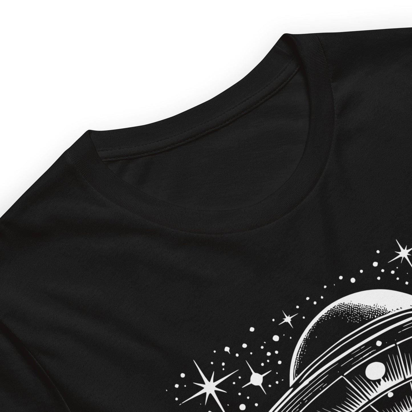 Black t-shirt featuring a retro-style illustration of a UFO beaming light down onto a forest, surrounded by stars and clouds, with the bold text, NOPE! emphasizing humor and alien theme