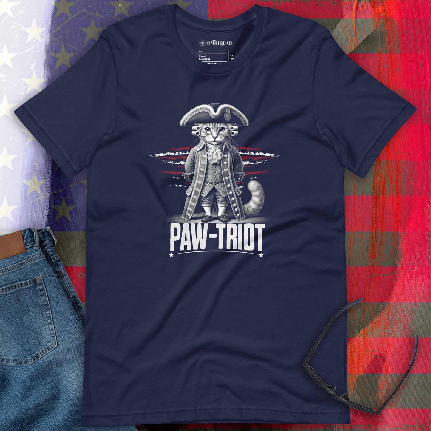 OMTHREAD Paw-triot Cat T-Shirt | Funny Patriotic Feline Graphic Tee