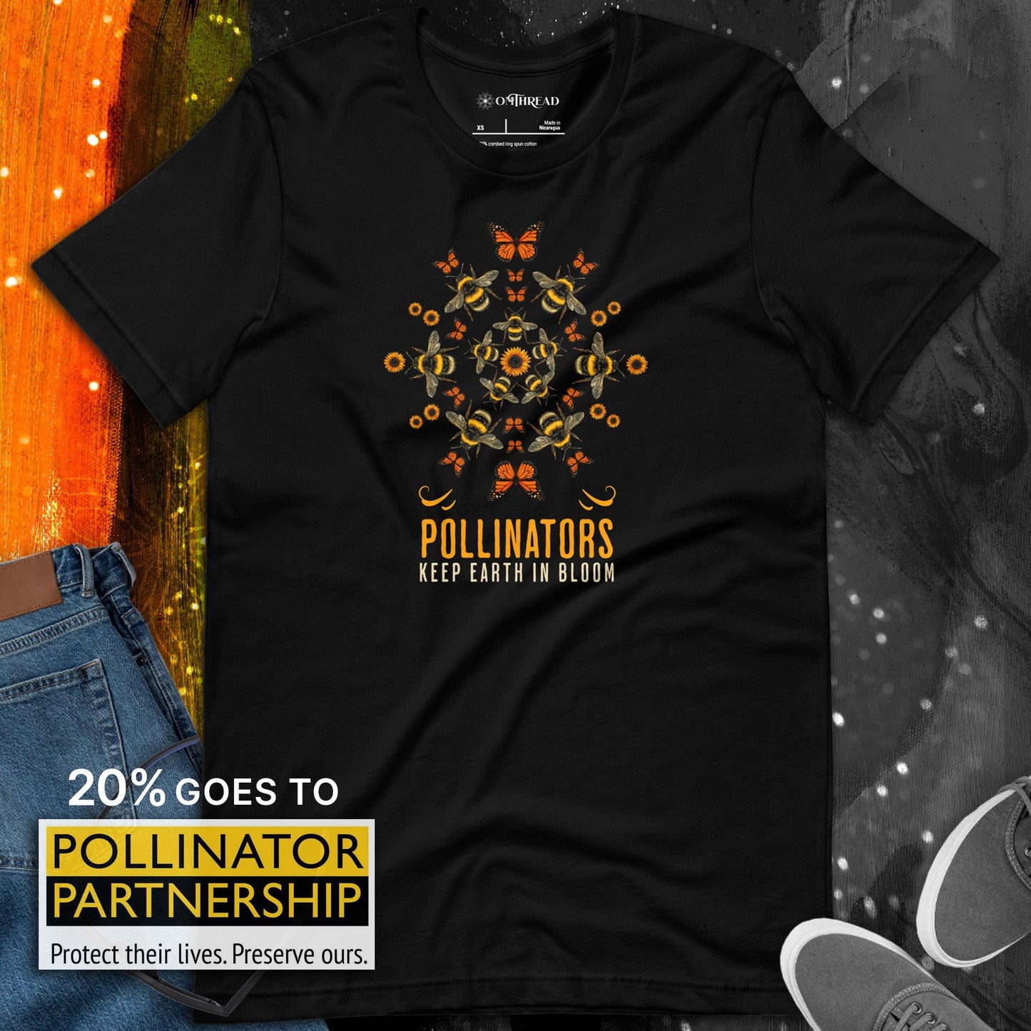 OMTHREAD Pollinators Keep Earth in Bloom Shirt Monarch Butterfly and Bee Nature Tee