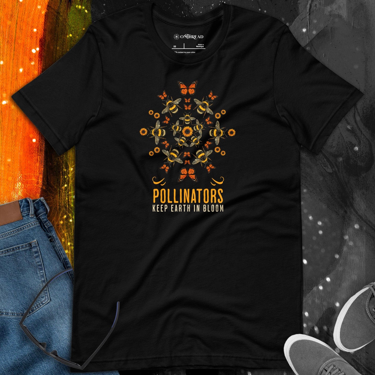 OMTHREAD Pollinators Keep Earth in Bloom Shirt Monarch Butterfly and Bee Nature Tee