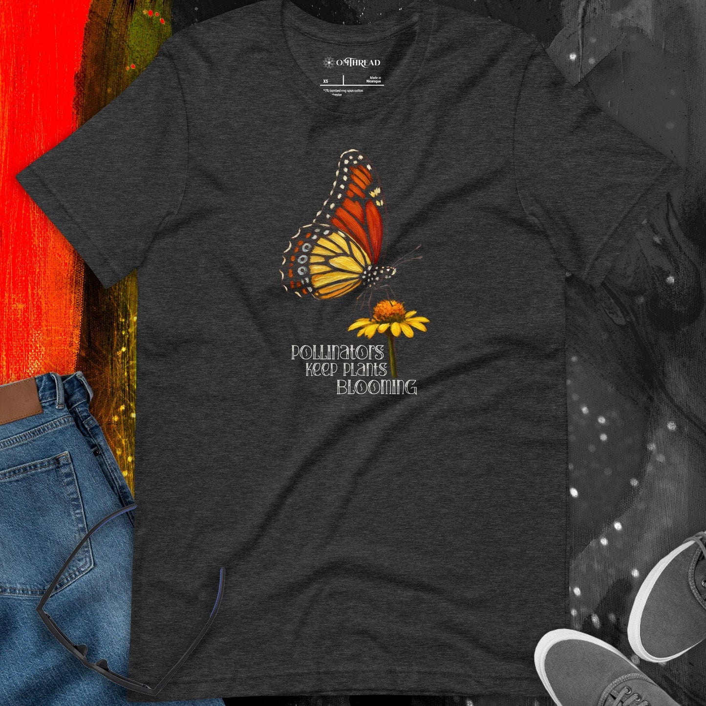 OMTHREAD Pollinators Keep Plants Blooming Monarch Butterfly and Daisy Graphic Tee