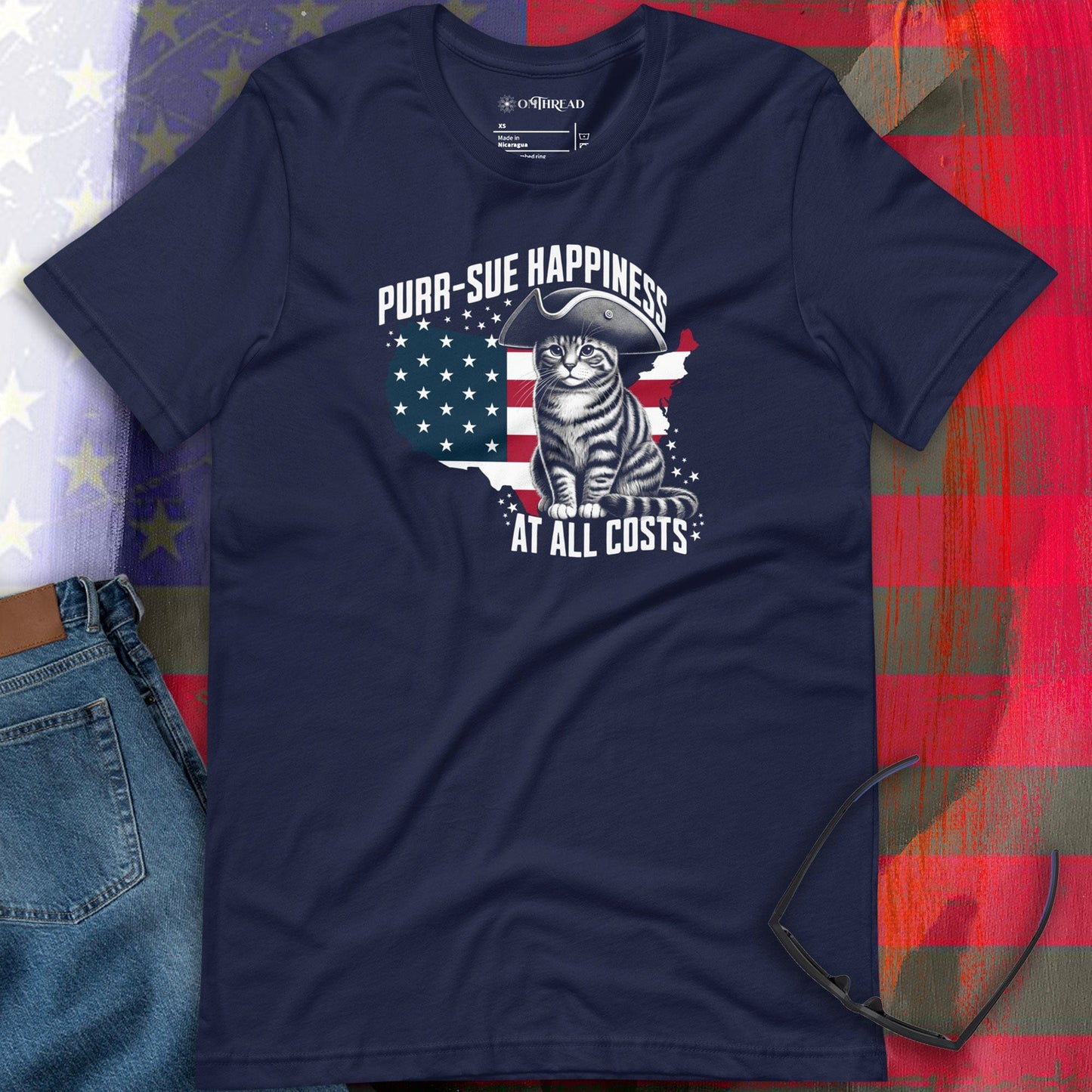 OMTHREAD Purr-sue Happiness Cat T-Shirt | Patriotic Feline Graphic Tee