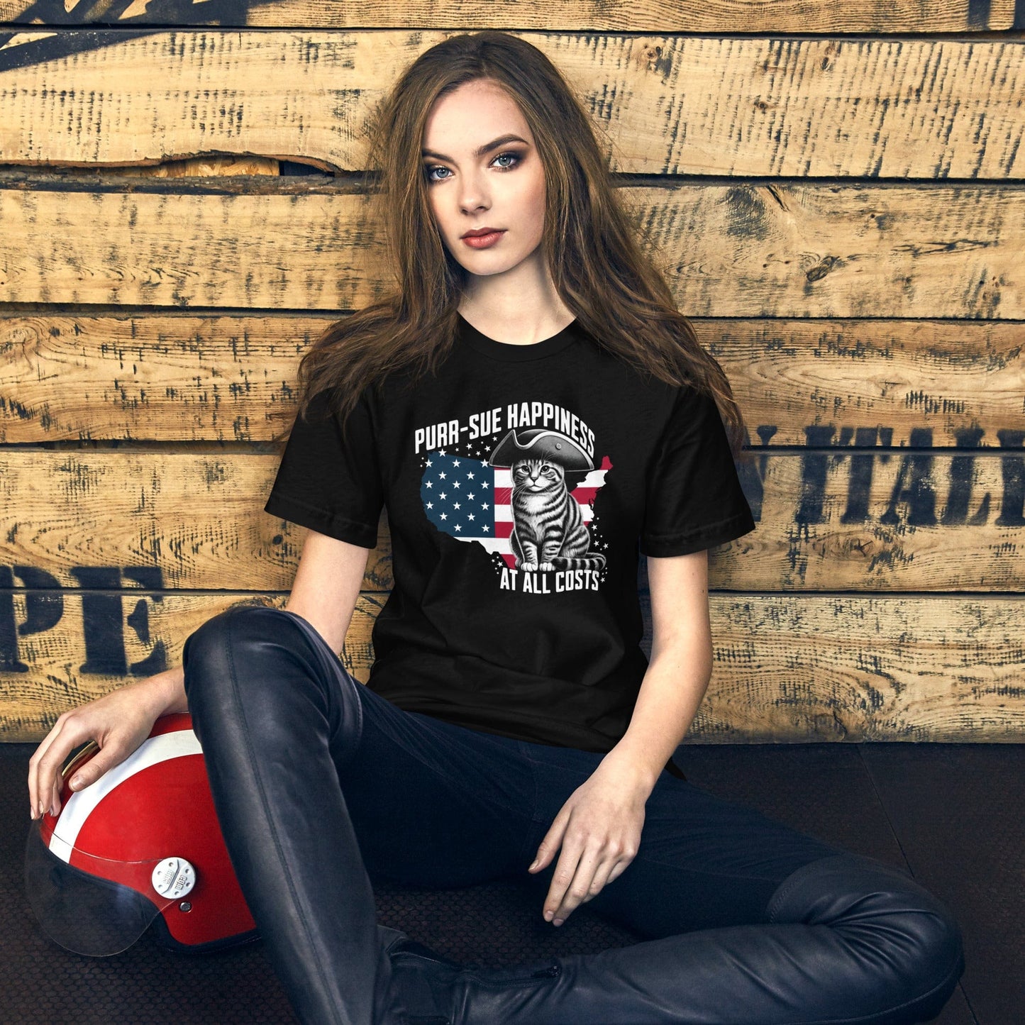 OMTHREAD Purr-sue Happiness Cat T-Shirt | Patriotic Feline Graphic Tee