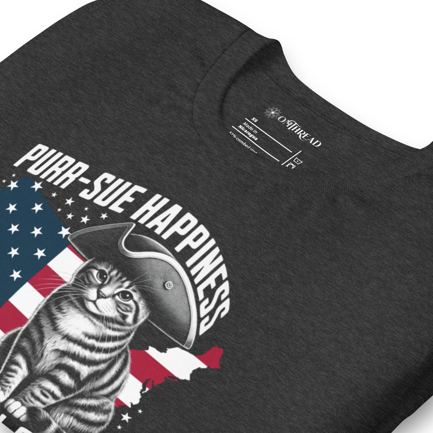 OMTHREAD Purr-sue Happiness Cat T-Shirt | Patriotic Feline Graphic Tee