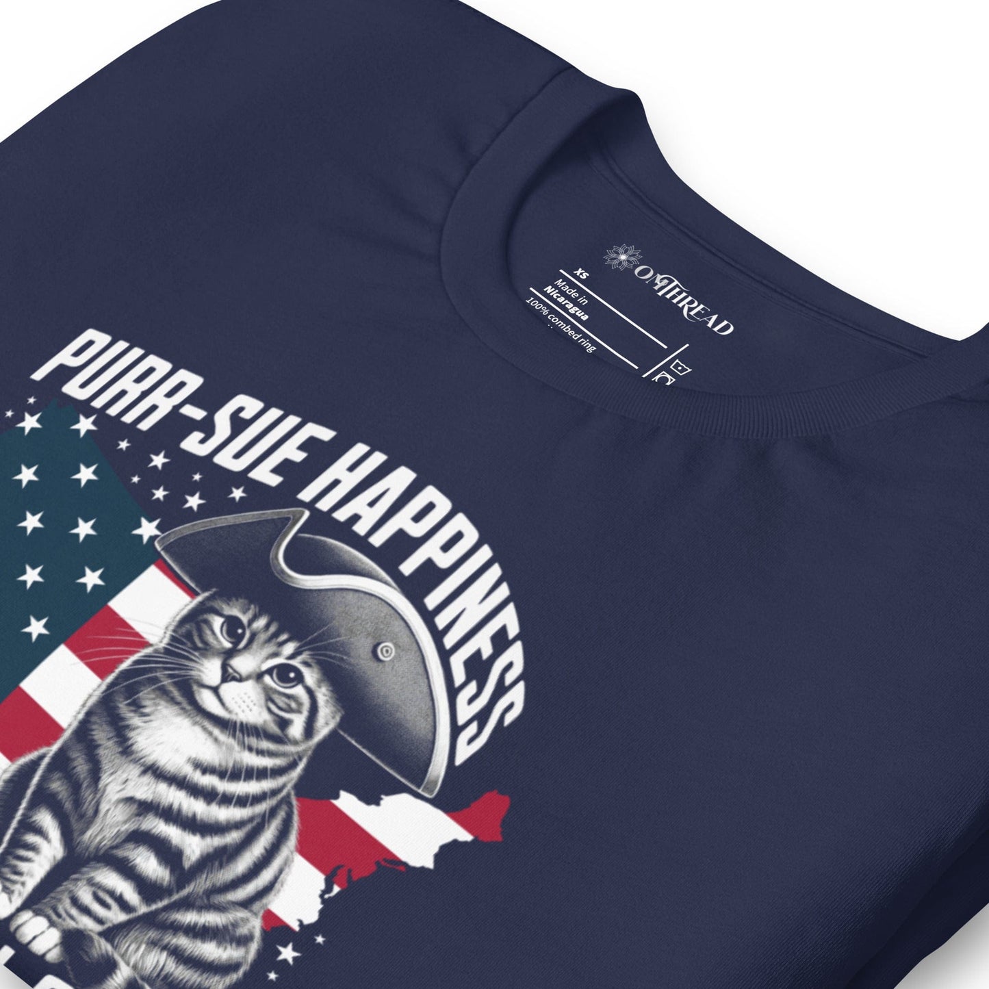 OMTHREAD Purr-sue Happiness Cat T-Shirt | Patriotic Feline Graphic Tee