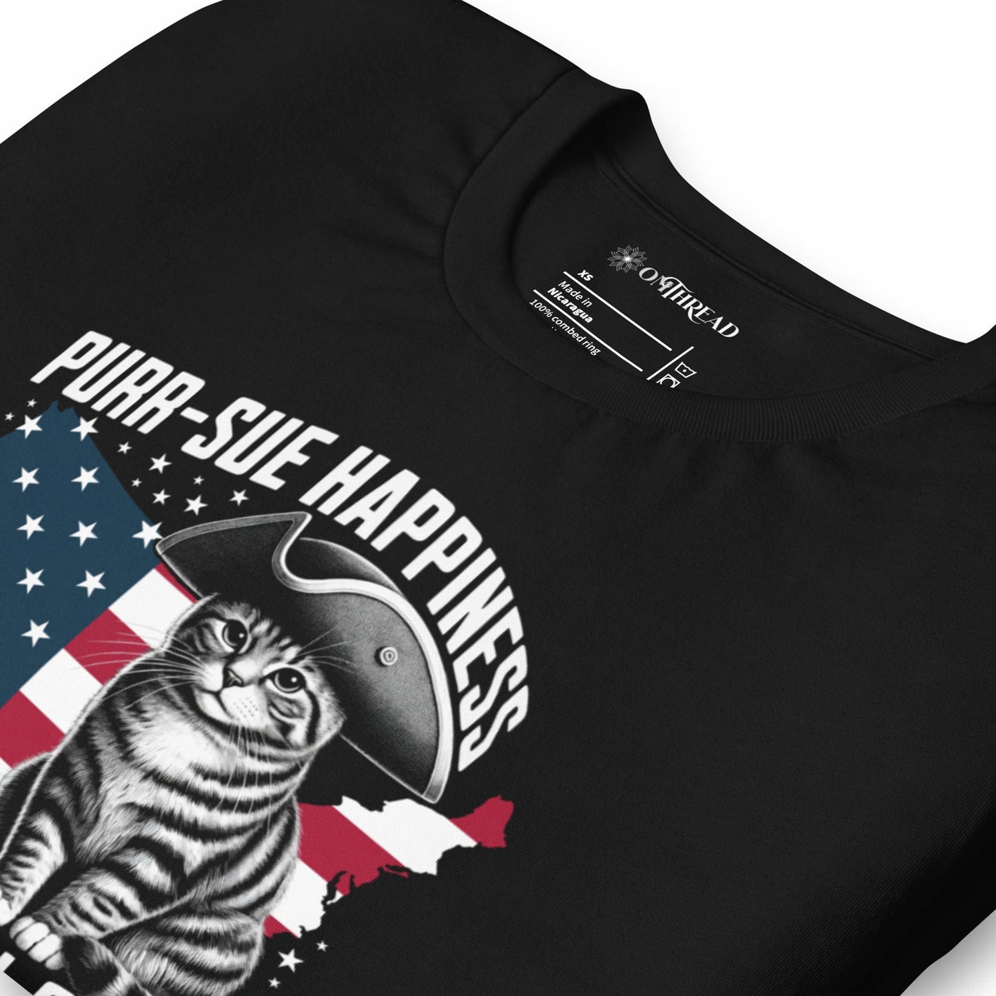 OMTHREAD Purr-sue Happiness Cat T-Shirt | Patriotic Feline Graphic Tee