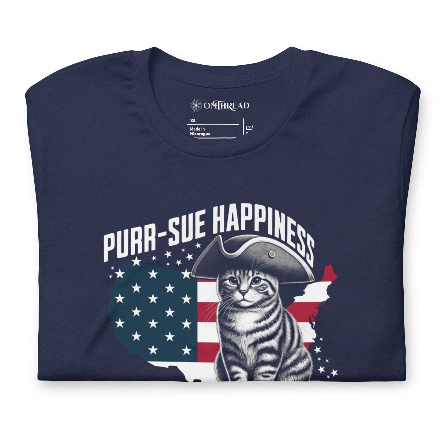 OMTHREAD Purr-sue Happiness Cat T-Shirt | Patriotic Feline Graphic Tee