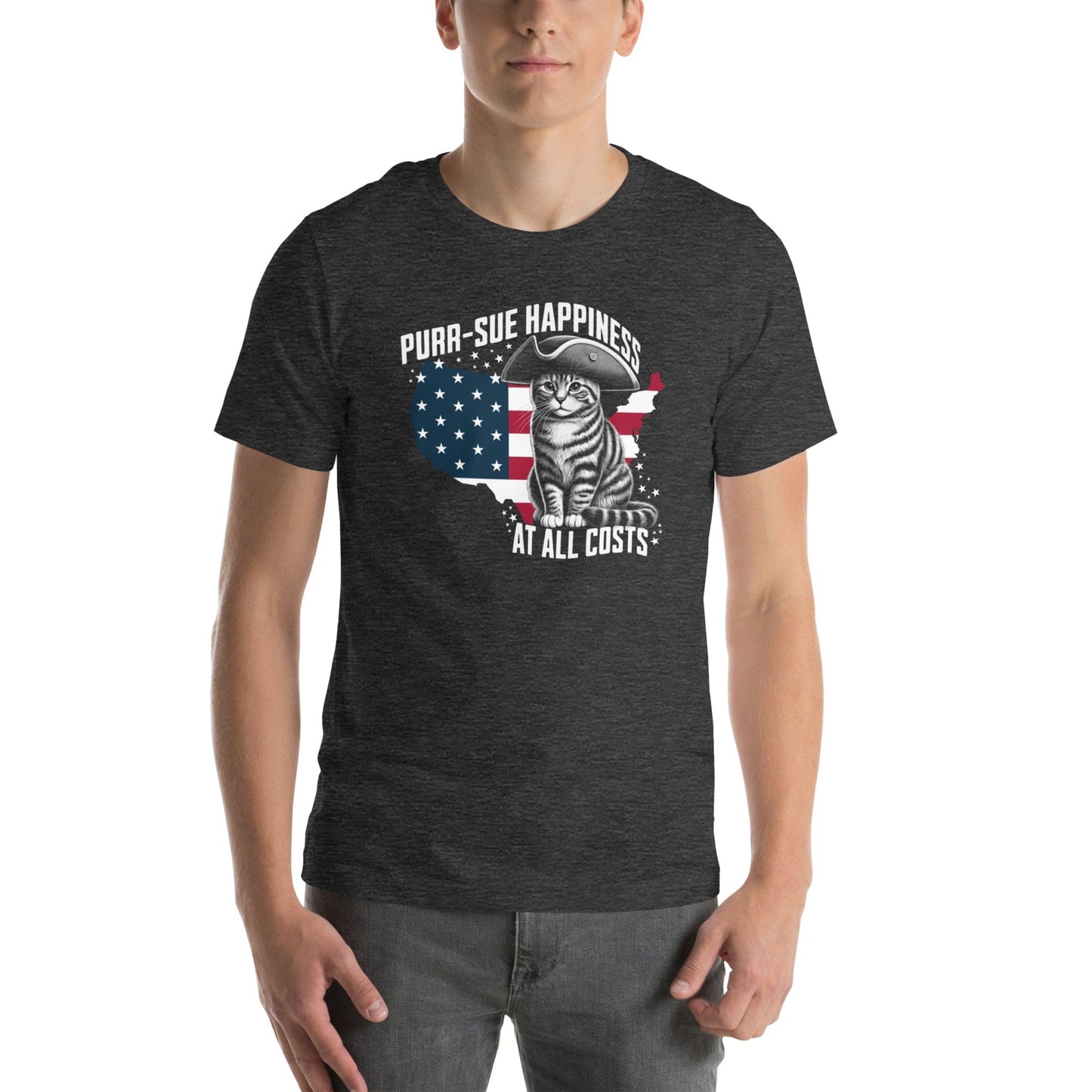 OMTHREAD Purr-sue Happiness Cat T-Shirt | Patriotic Feline Graphic Tee