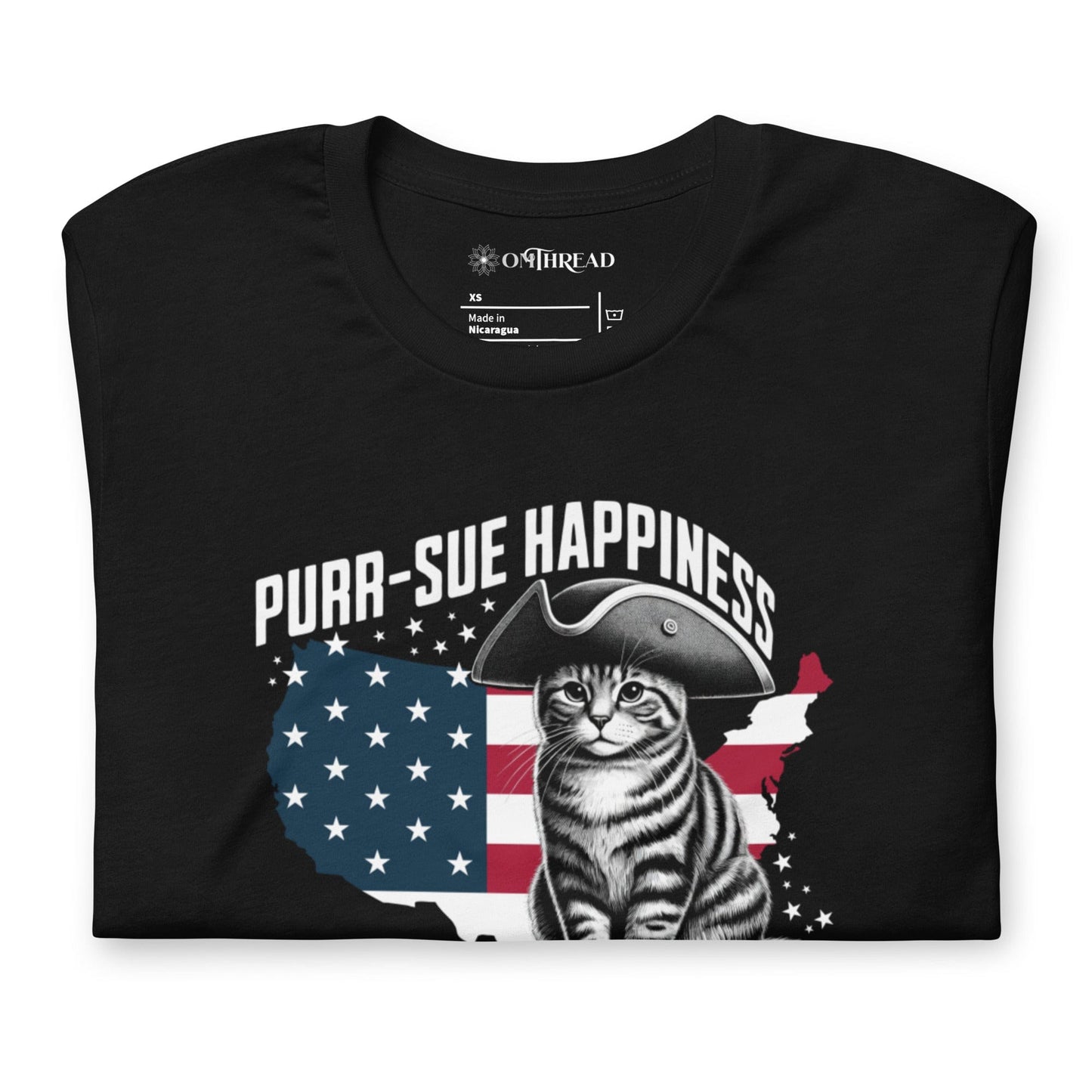 OMTHREAD Purr-sue Happiness Cat T-Shirt | Patriotic Feline Graphic Tee