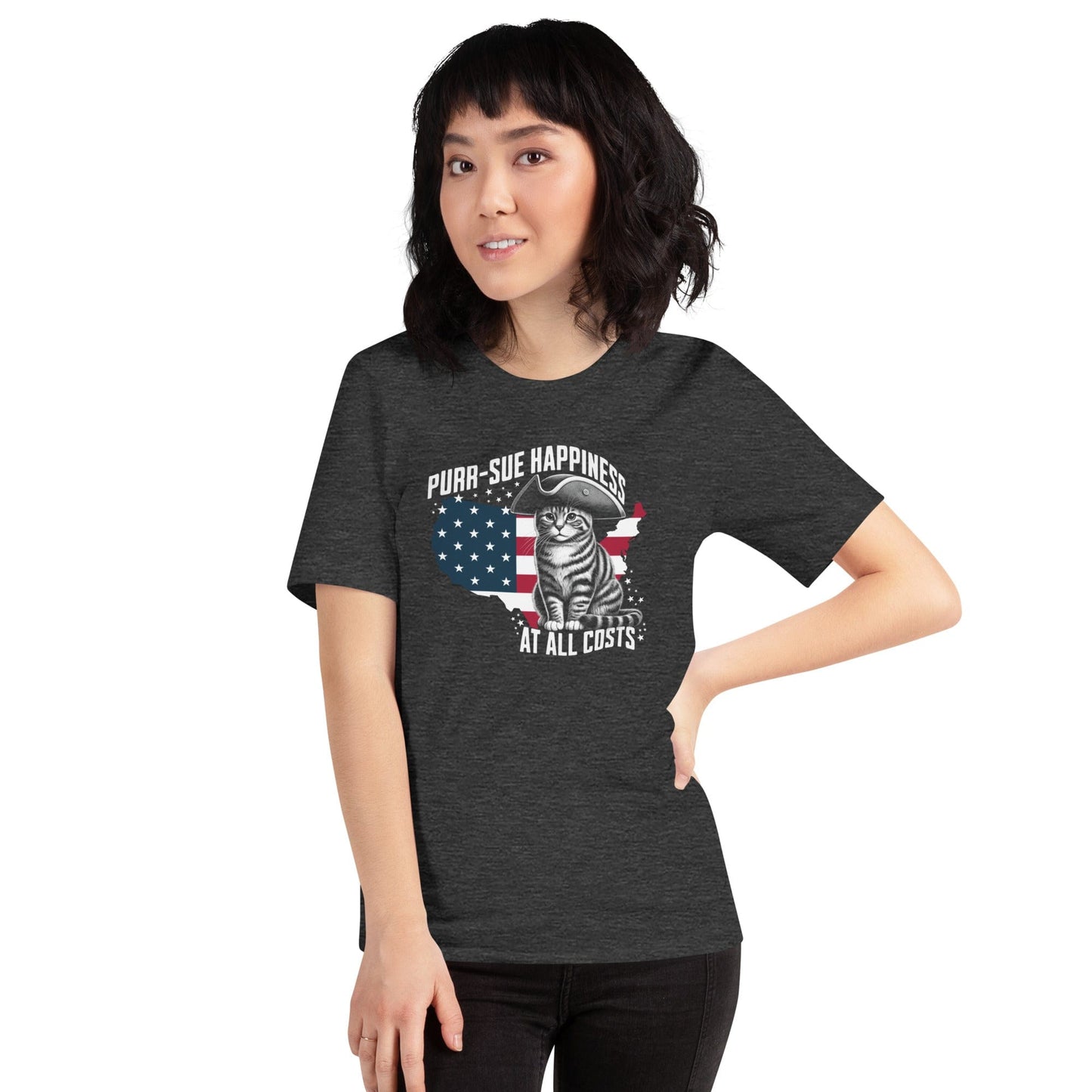 OMTHREAD Purr-sue Happiness Cat T-Shirt | Patriotic Feline Graphic Tee