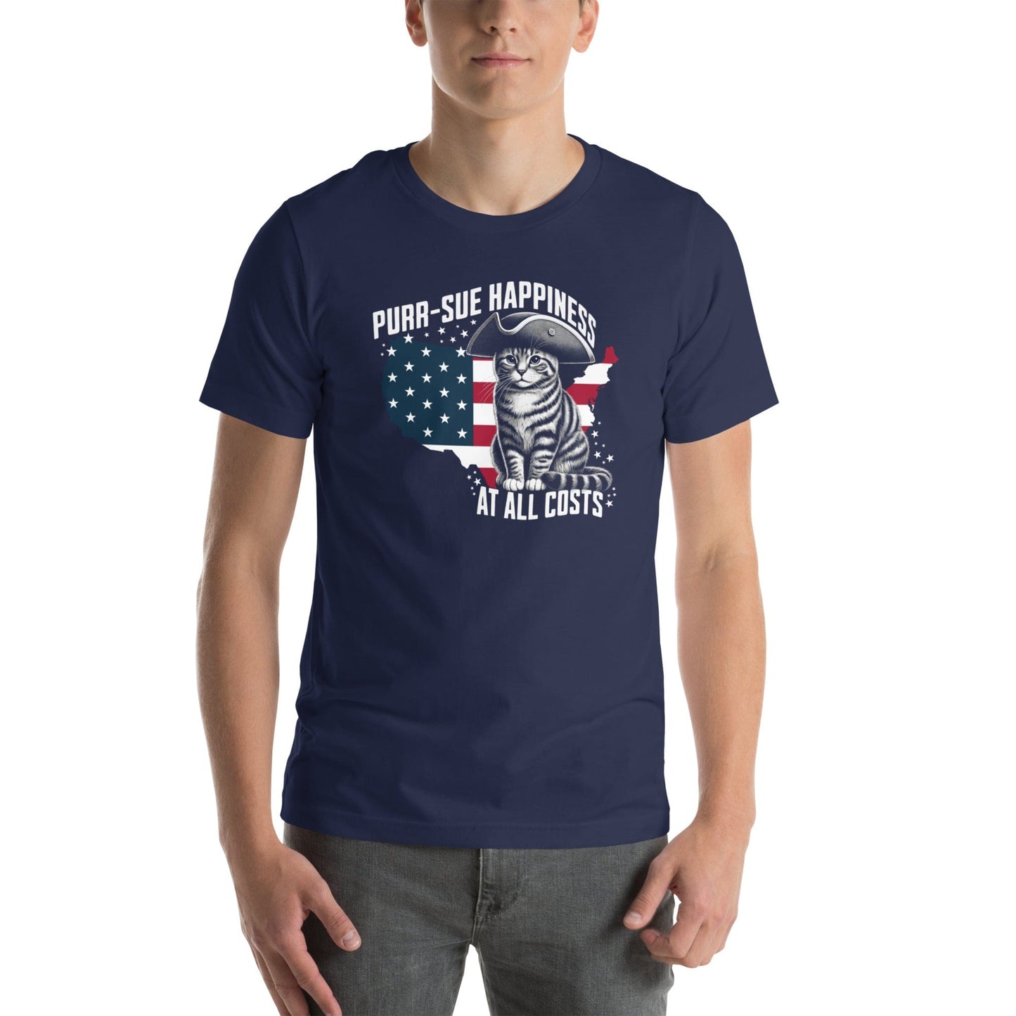 OMTHREAD Purr-sue Happiness Cat T-Shirt | Patriotic Feline Graphic Tee