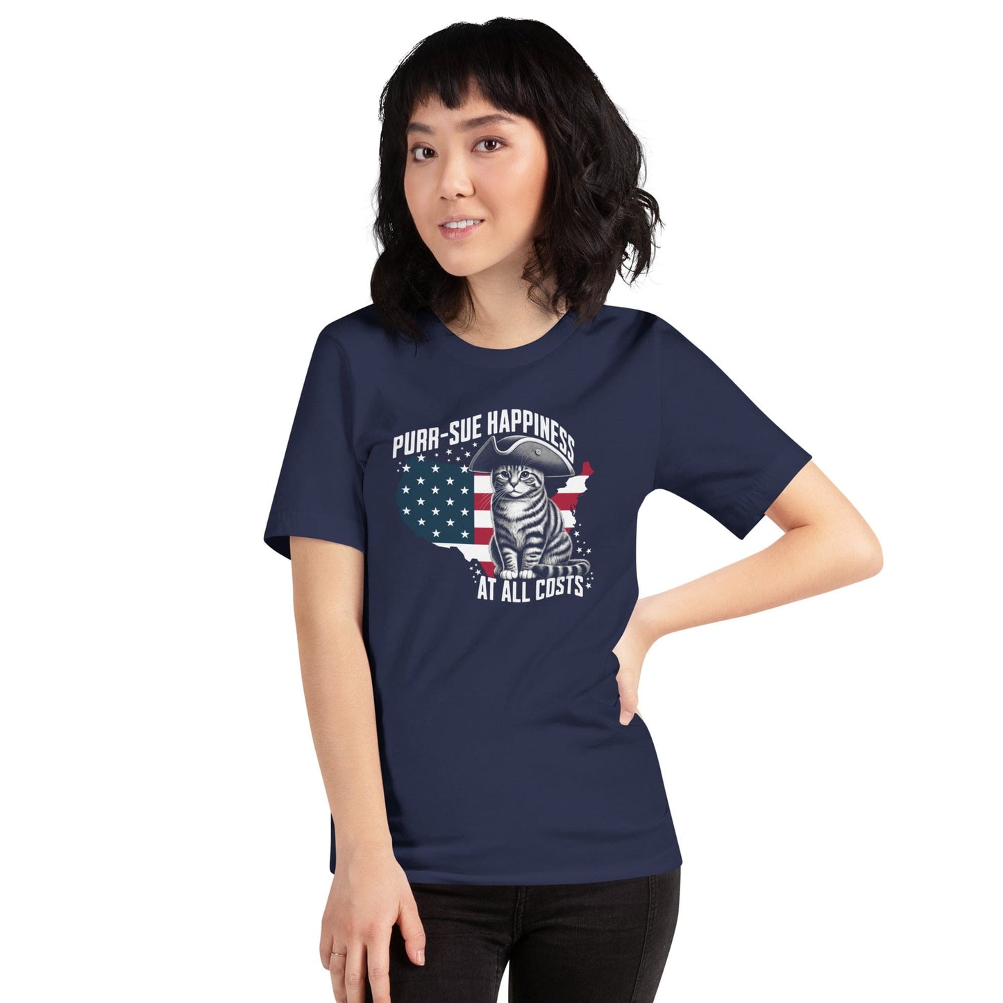 OMTHREAD Purr-sue Happiness Cat T-Shirt | Patriotic Feline Graphic Tee