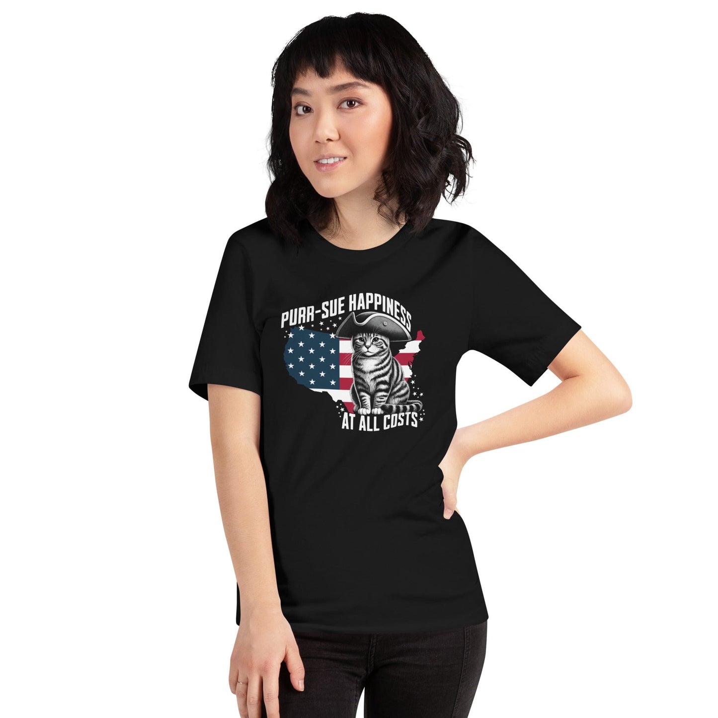 OMTHREAD Purr-sue Happiness Cat T-Shirt | Patriotic Feline Graphic Tee