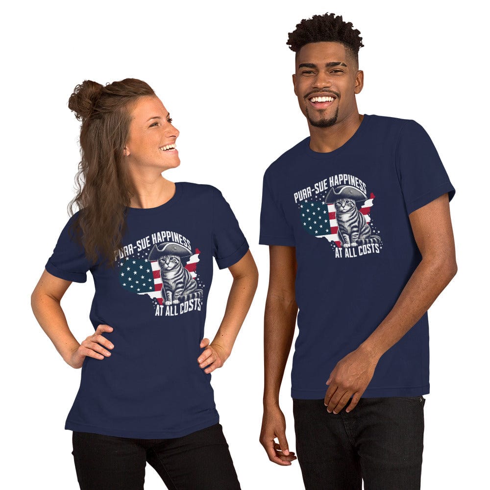 OMTHREAD Purr-sue Happiness Cat T-Shirt | Patriotic Feline Graphic Tee