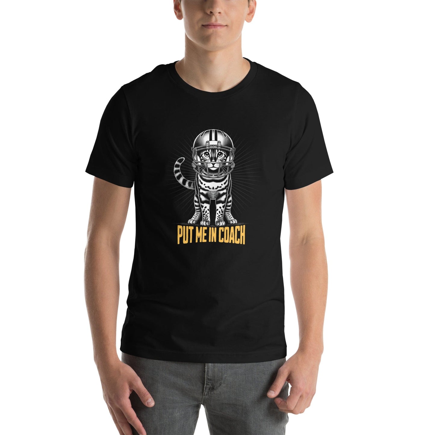 OMTHREAD black t-shirt featuring a Bengal cat in a football helmet with "Put Me In Coach" text. The cat stands with bold linework and a radiant background.