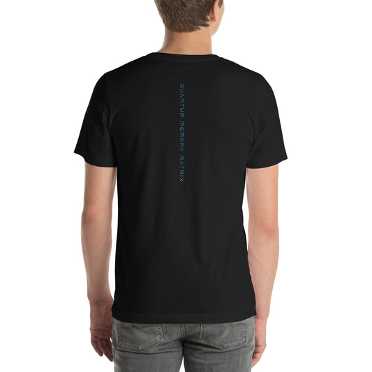 Person wearing a black t-shirt with a Quantum Memory Matrix design
