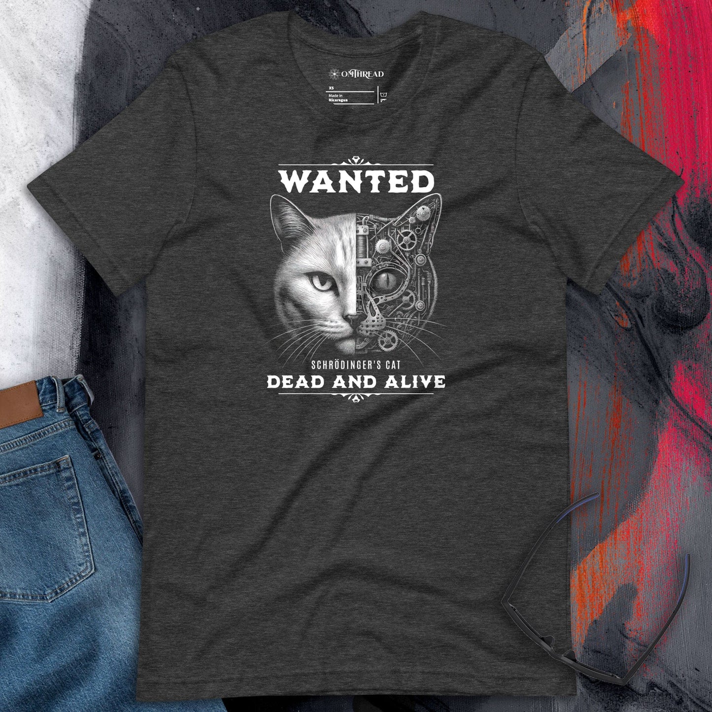 OMTHREAD Quantum Schrödinger's Cat T-Shirt, Quantum Physics Cat Tee, Funny Science Shirt for Cat Lovers