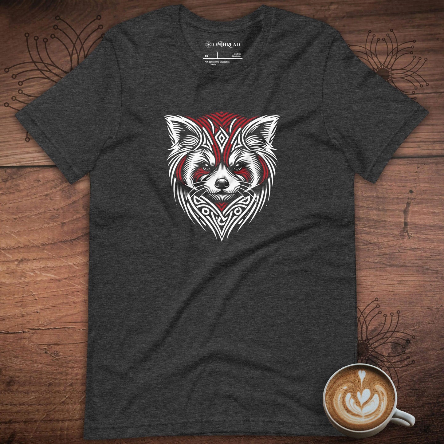 OMThread dark grey heather t-shirt featuring a detailed tribal-style red panda illustration with red and white accents.
