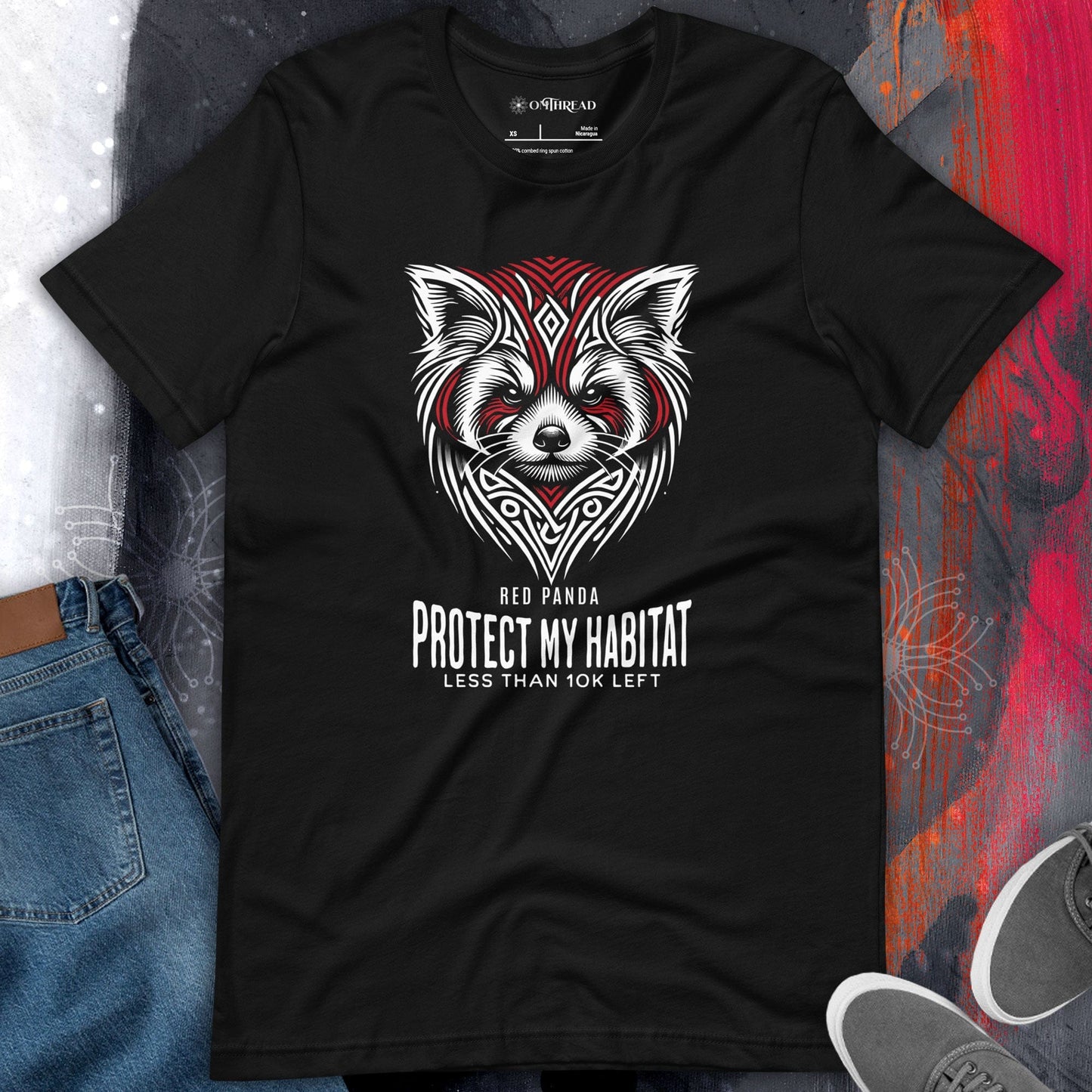 OMThread black t-shirt with a red panda tribal-style design and the text "Protect My Habitat Less Than 10K Left" in white and red.