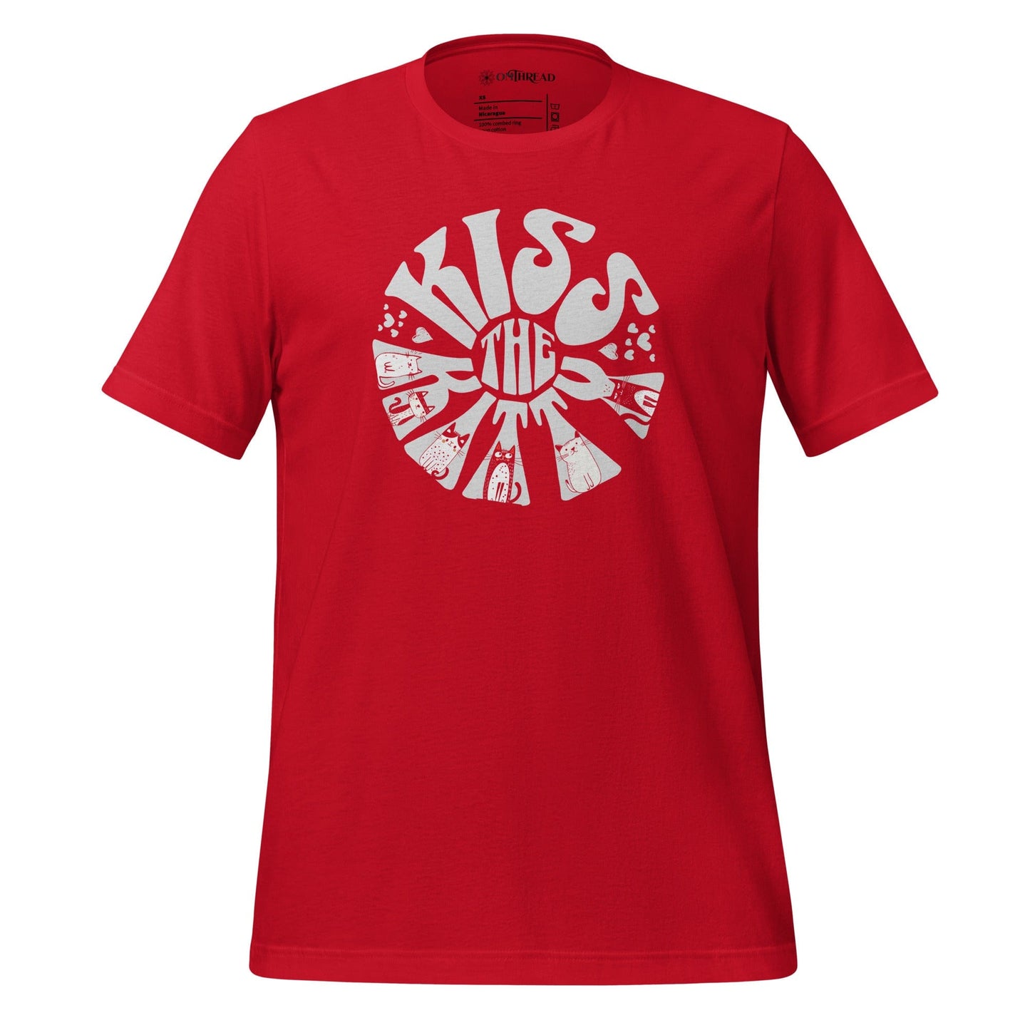 OMThread red t-shirt featuring a circular sunburst design with the phrase "Kiss the Kitty" in bold, retro-style lettering. The letters are integrated with playful cat illustrations, creating a dynamic composition.