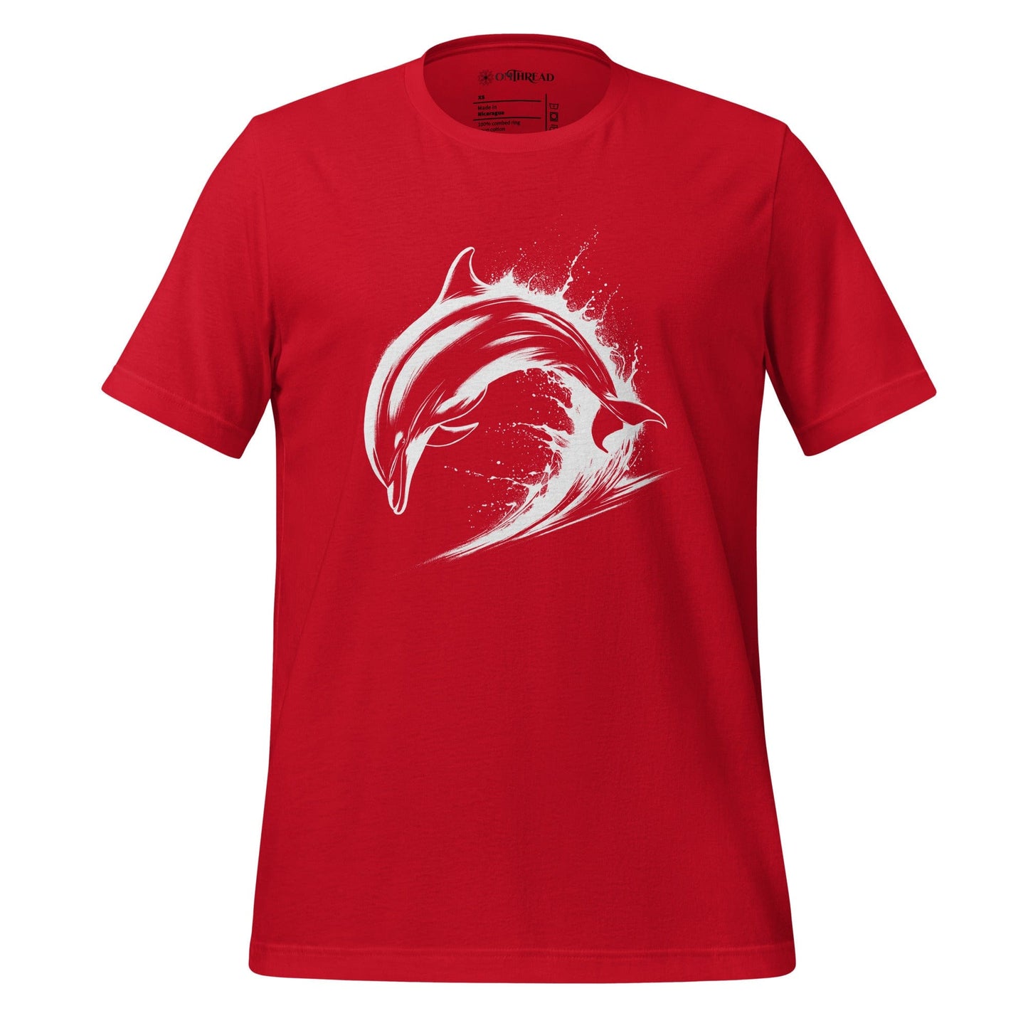 OMTHREAD red t-shirt featuring a white dolphin mid-leap over ocean waves, designed in a bold, high-contrast style.
