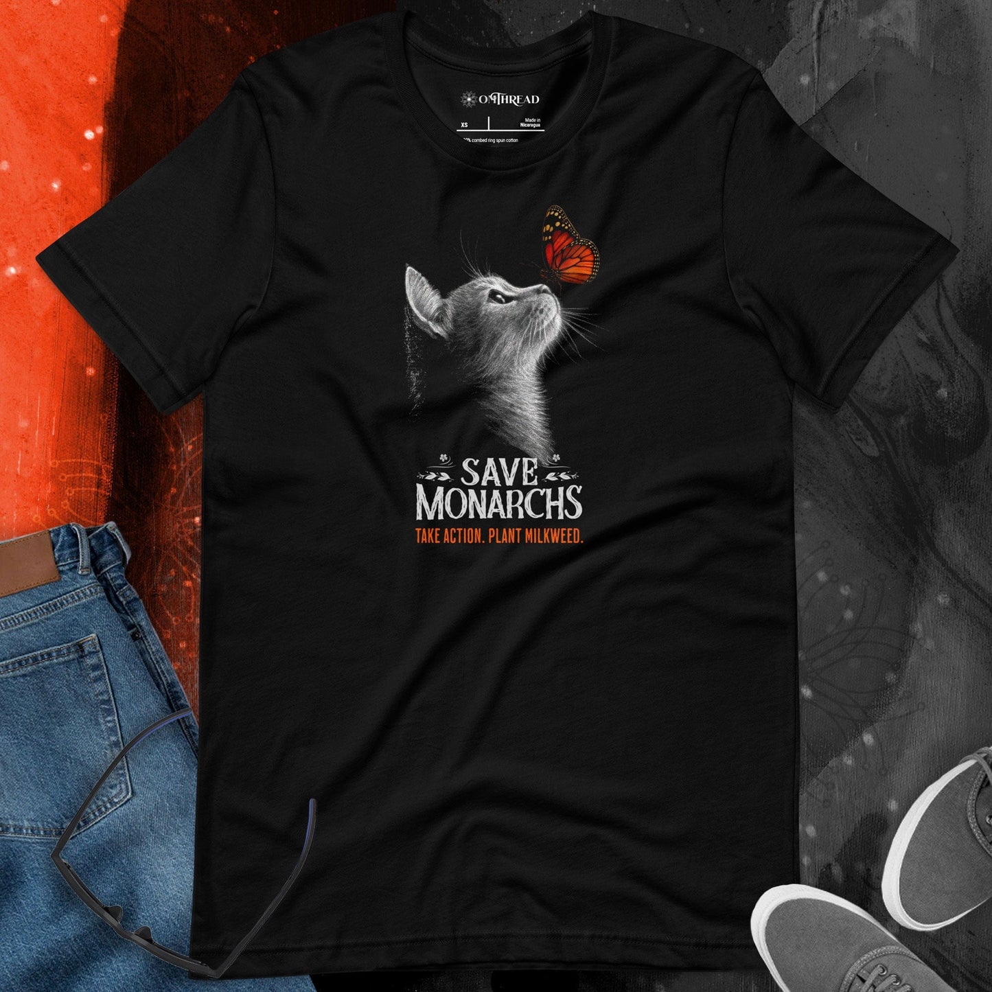 OMTHREAD Save Monarchs, Take Action, Plant Milkweed Cat T-Shirt, Wildlife Conservation Gift Tee