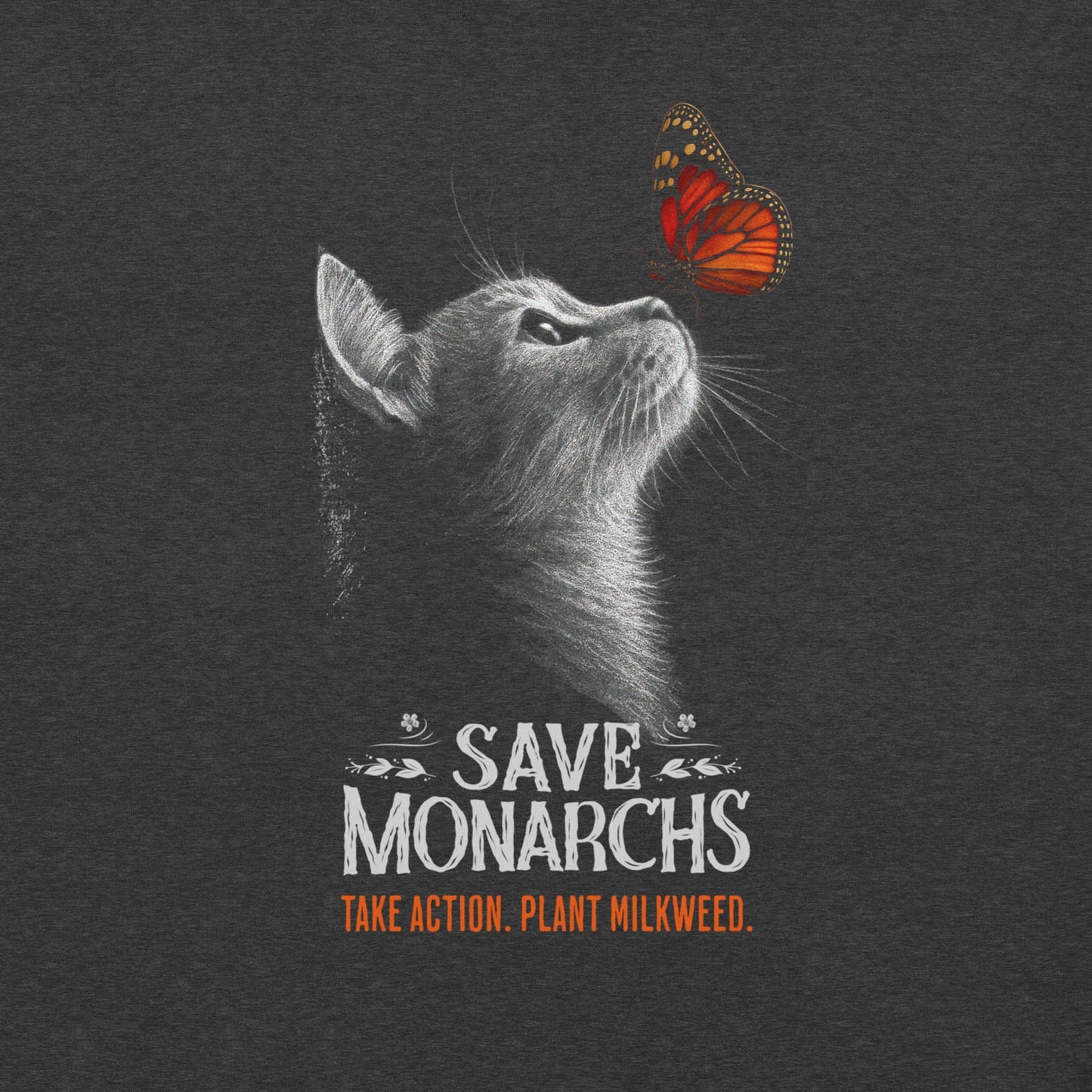 OMTHREAD Save Monarchs, Take Action, Plant Milkweed Cat T-Shirt, Wildlife Conservation Gift Tee