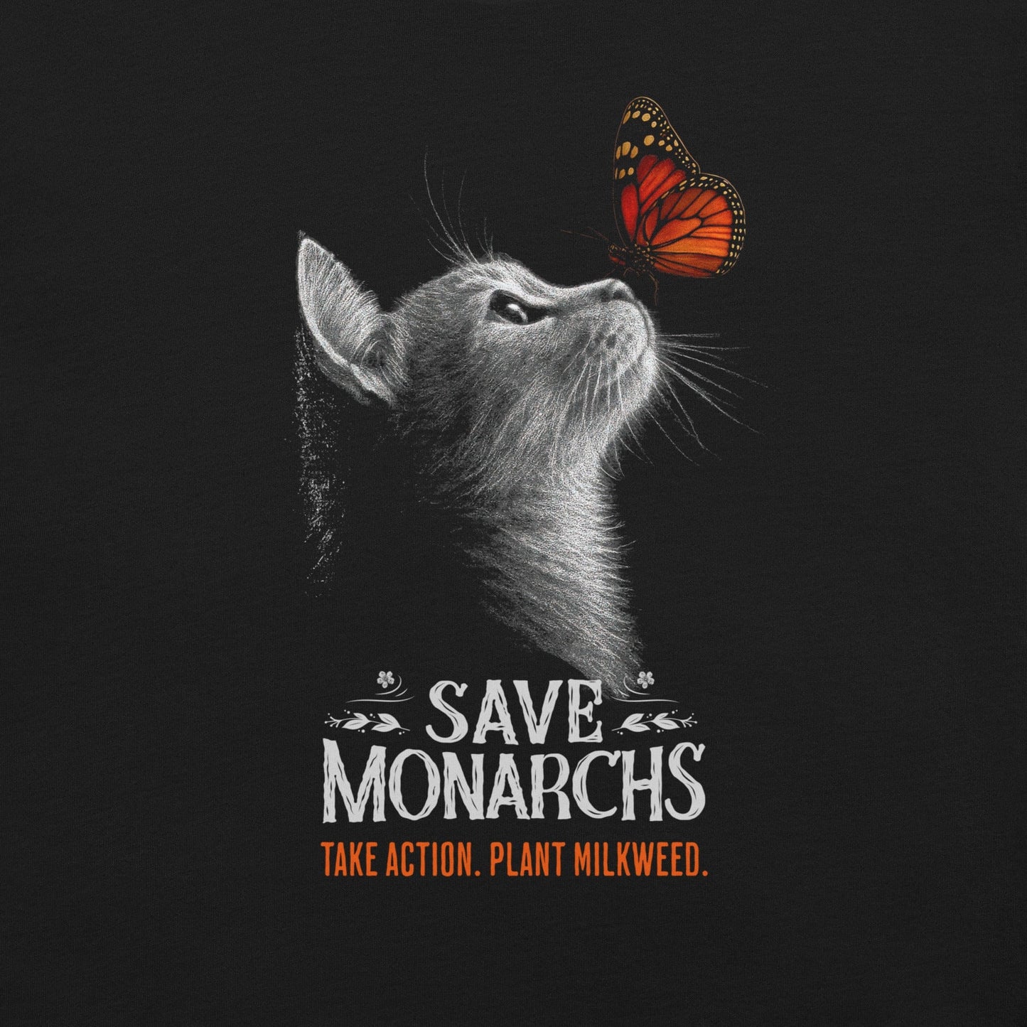 OMTHREAD Save Monarchs, Take Action, Plant Milkweed Cat T-Shirt, Wildlife Conservation Gift Tee