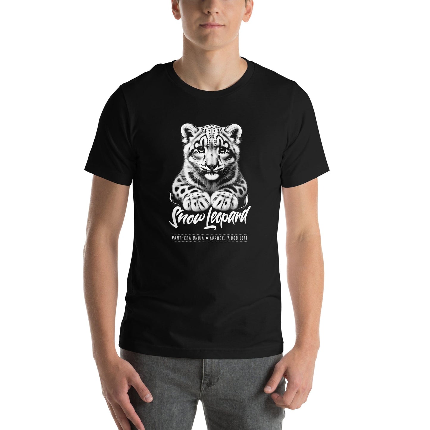 OMThread black t-shirt featuring a detailed black and white illustration of a snow leopard cub with the words "Snow Leopard" and "Panthera uncia" below.