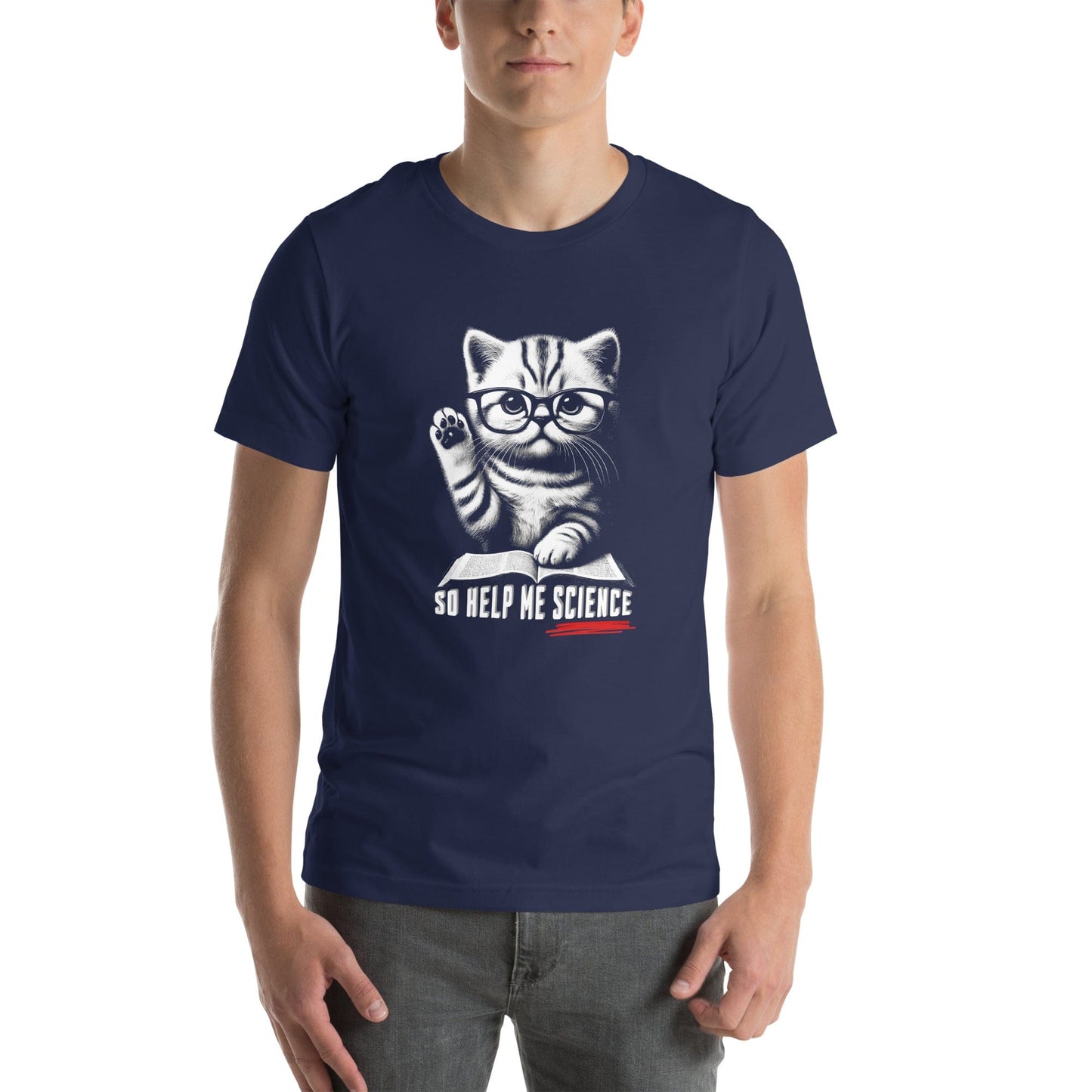 OMTHREAD So Help Me Science Cat T-Shirt | Funny Nerd Cat Tee | Science Lover Kitty Shirt