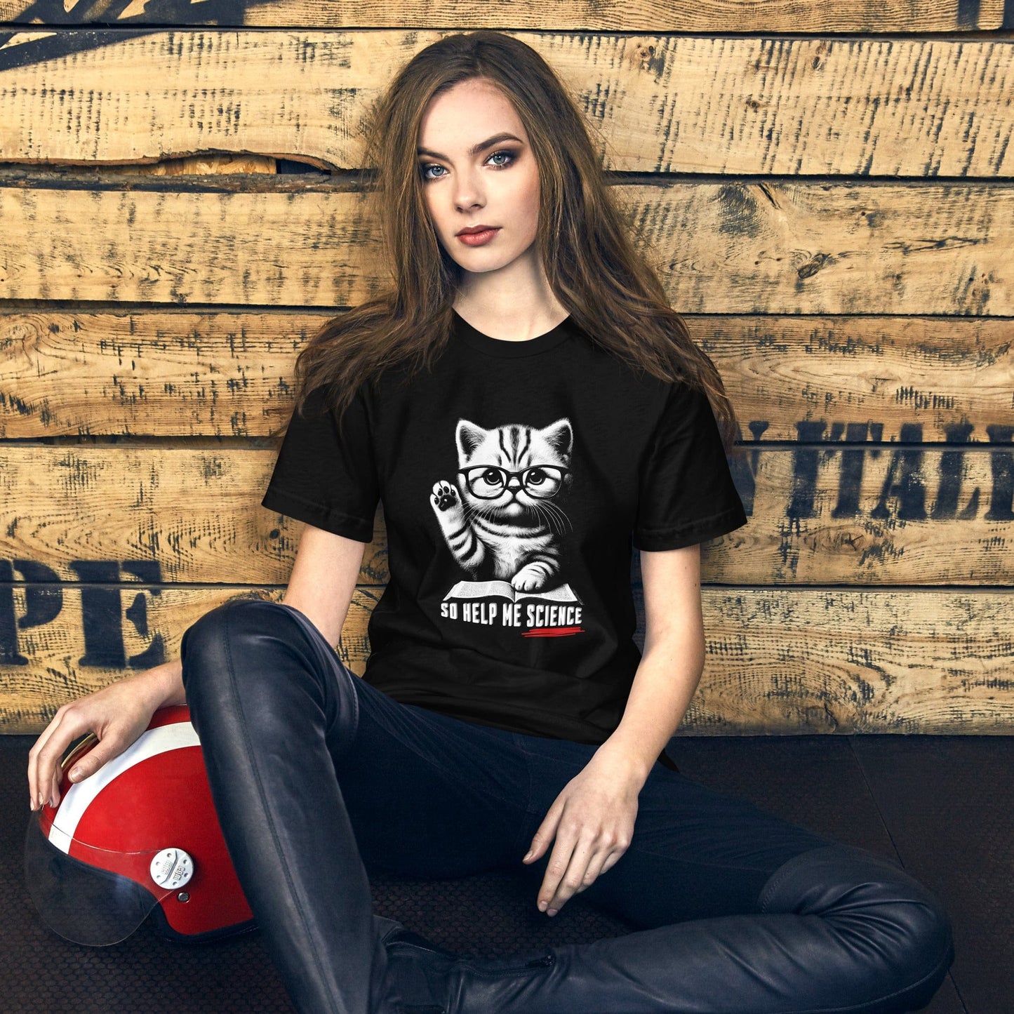 OMTHREAD So Help Me Science Cat T-Shirt | Funny Nerd Cat Tee | Science Lover Kitty Shirt