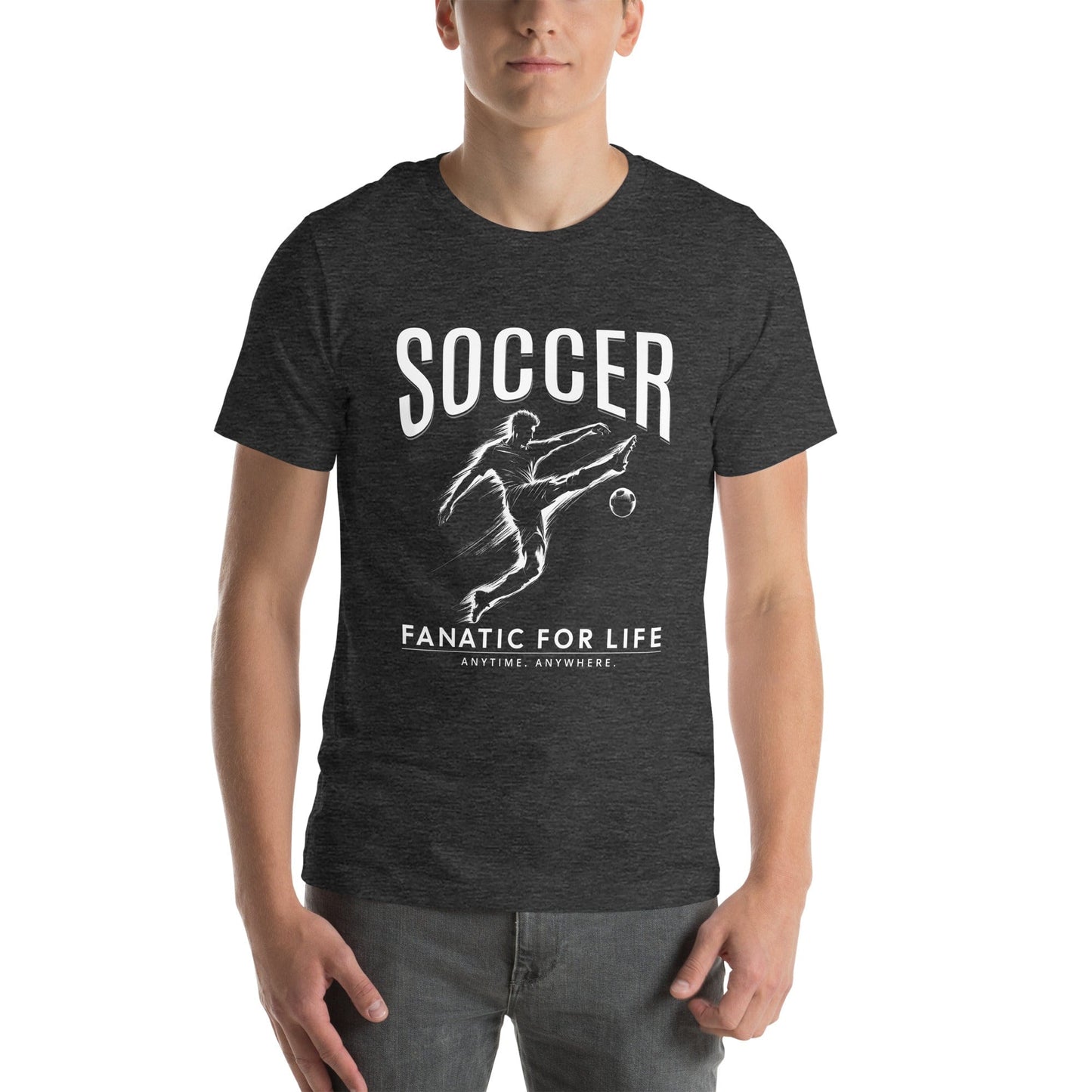 Male model wearing gray t-shirt with white graphic of a soccer player kicking a ball, bold text Soccer fanatic for life, perfect for dedicated soccer fans