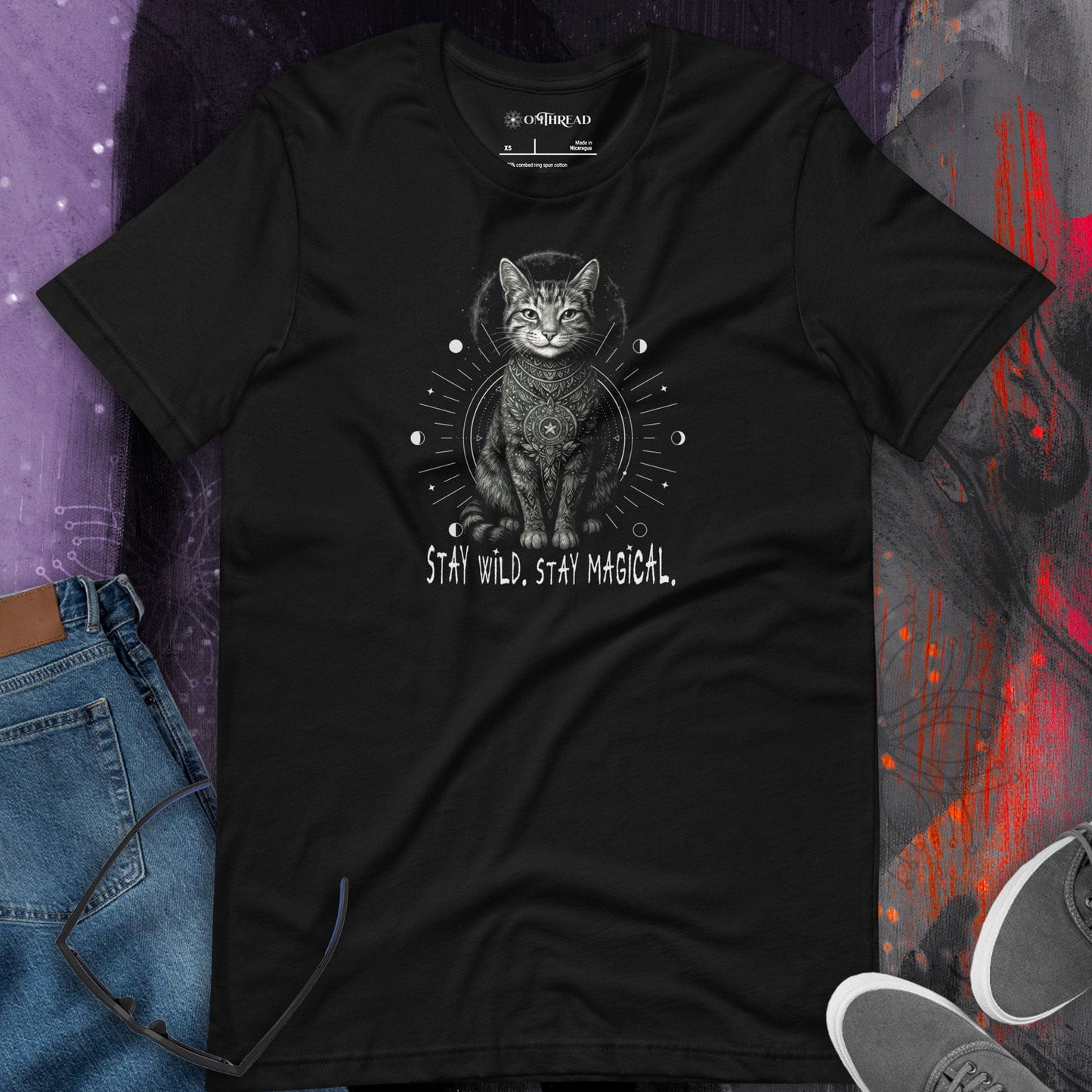 OMTHREAD Stay Wild Stay Magical Cat T-Shirt, Boho Mystic Cat Shirt, Spiritual Cat Lover Gift Tee